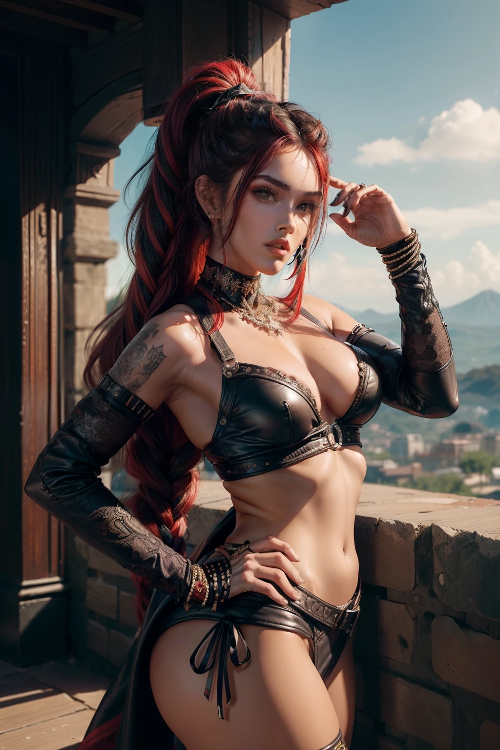 (((mulher))), (((melhor qualidade))), (((obra prima))), (((adulto))), Uma mulher gladiadora loira, of 30 years 1girl mega fox (MF)_with athletic body, latino , capuz, (((sozinho))), (((1girl))) , Gladiadores do Brooklyn, quase nua no estilo selvagem urbano de Simon Bisley para a capa da revista Heavy Metal, cabelos moicanos, pose sensual, tiny leather panties, , Minimum clothing, black and red arabesque pattern, armadura, cheio de pontas e estrelas, (((do joelho pra cima))), mohawk hair with small braids, explosion of colors, Wowdk