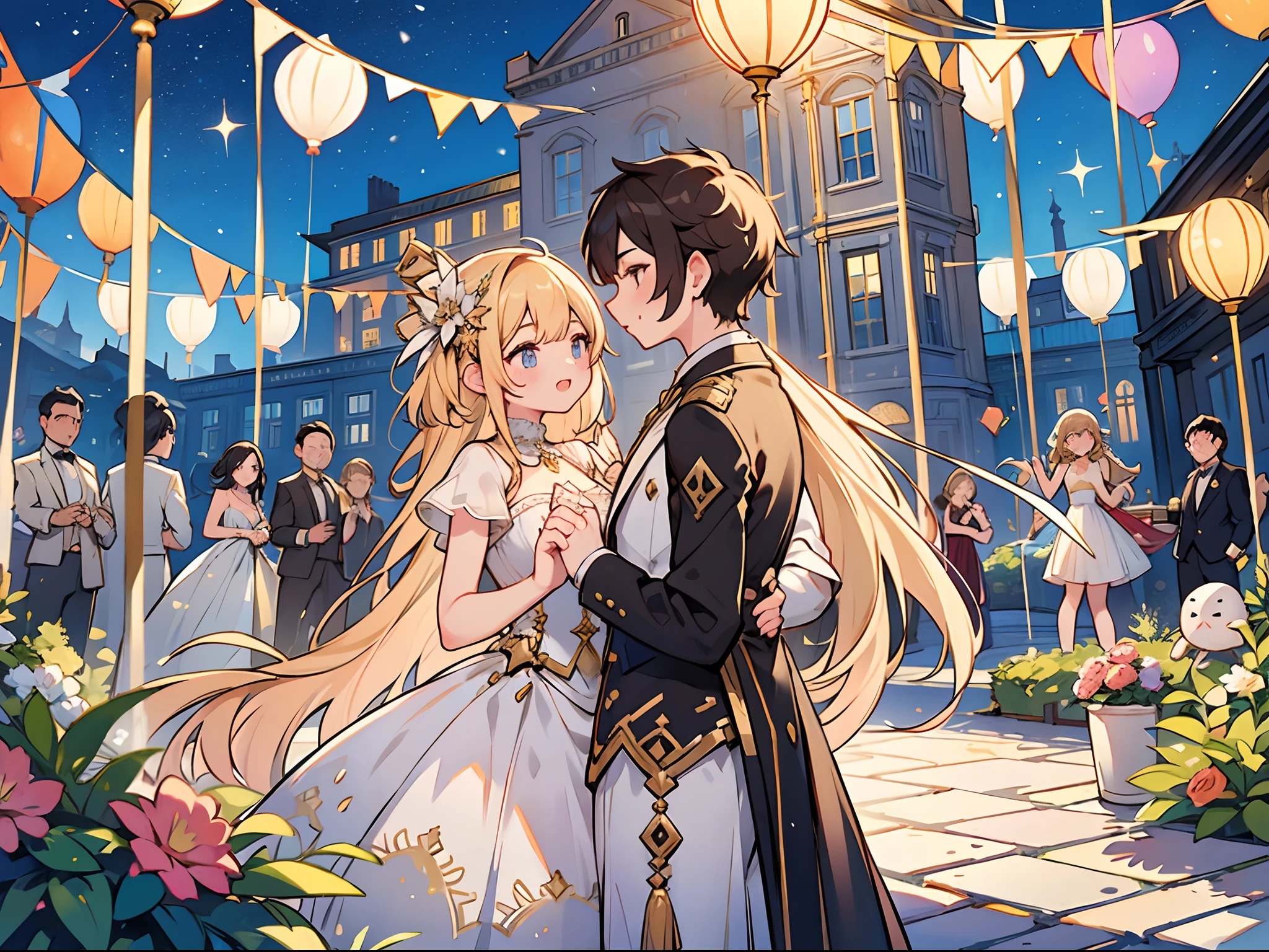 Glamorous party in the large courtyard of a large mansion, Several people in a cutely decorated courtyard々Looks fun, The light-filled courtyard has balloons and crackers, so you can see that the party is grand., Someone who seems to be having a lot of fun々, Multiple men and women, Colorful, ultra-detailliert, high-level image quality