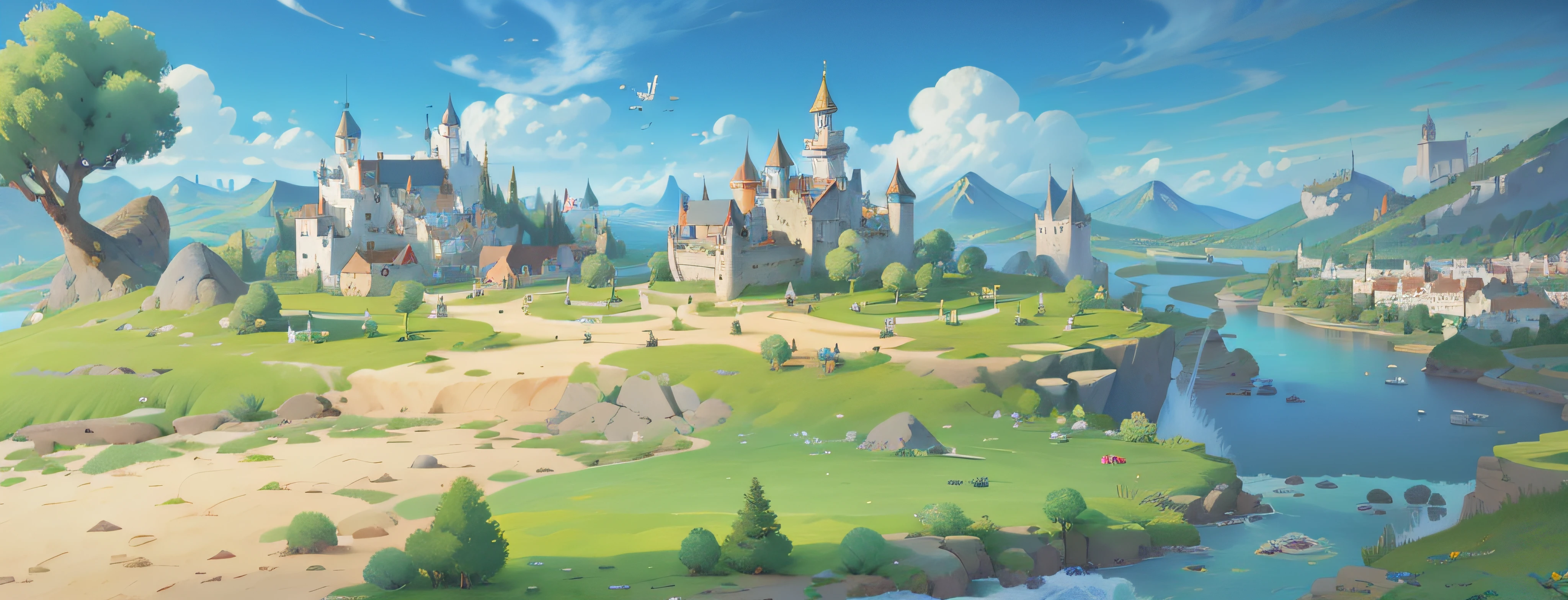 Fairy tale AI masterpiece, (((High quality))), Cute cartoon world, largeaperture, The best quality, 。.3D, Super Detail Cartoon illustration of a small village with a river and bridge, town background, Mobile game background, distant village background, medieval city background, town center background, Mobile game art, renaissance port city background, town in the background, medieval town landscape, tavern background, Castle background, arte de fundo, background fortress, Medieval Castle Background, Game illustration, fairy tale style background --v6