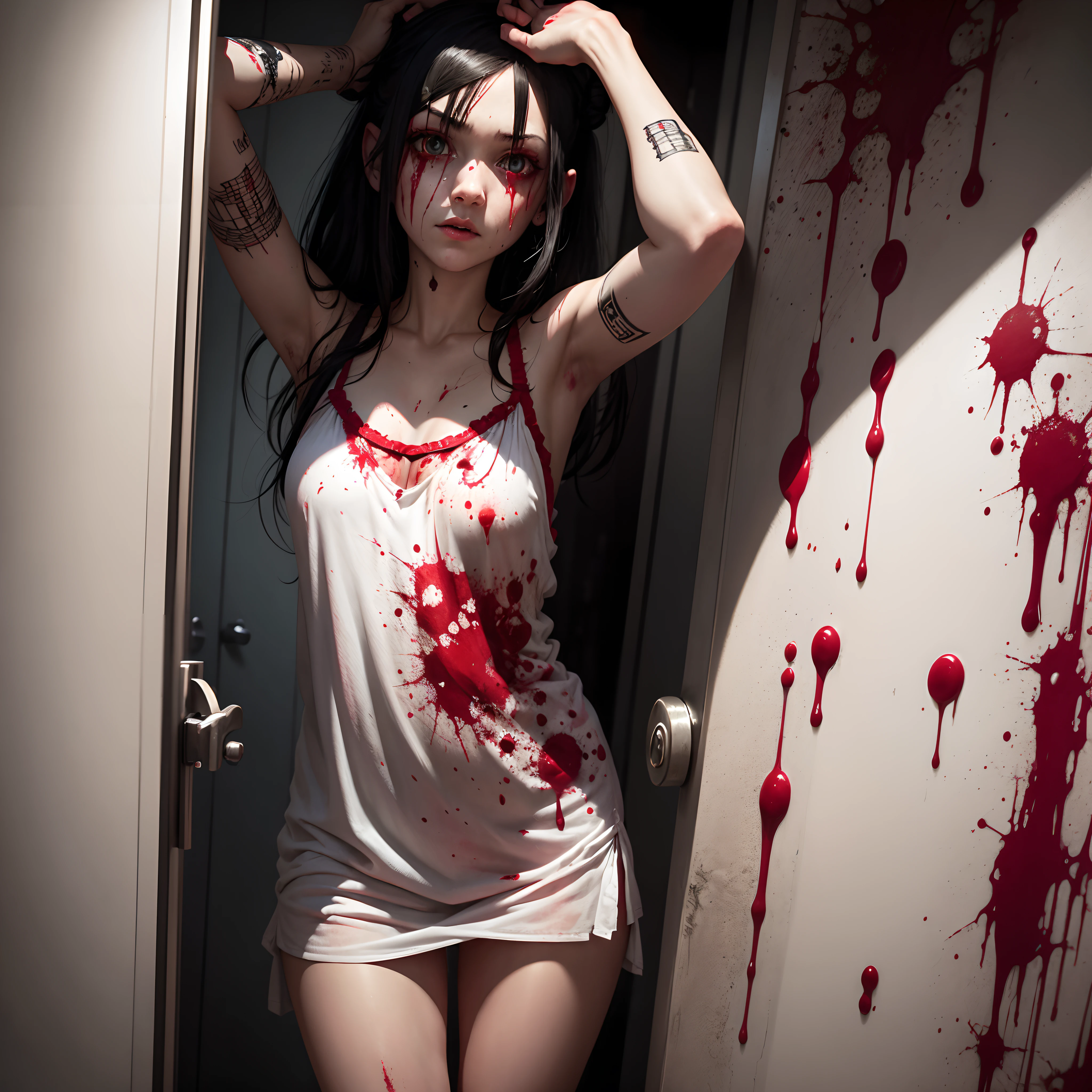 Horror, blood splatters, bathroom , a tattoed emo girl dressed in a nightgown looks on, she is blood splattered, there is a hammer in view