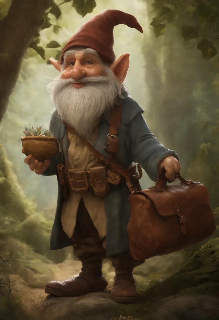 a close up of a cartoon gnome with a hat and a bag, concept art by Tony DiTerlizzi, Artstation contest winner, lowbrow, brian froud juan gimenez, portrait of a gnome called eldon, jean - baptiste monge, brian froud style, monge jean-baptiste monge, jean baptiste monge