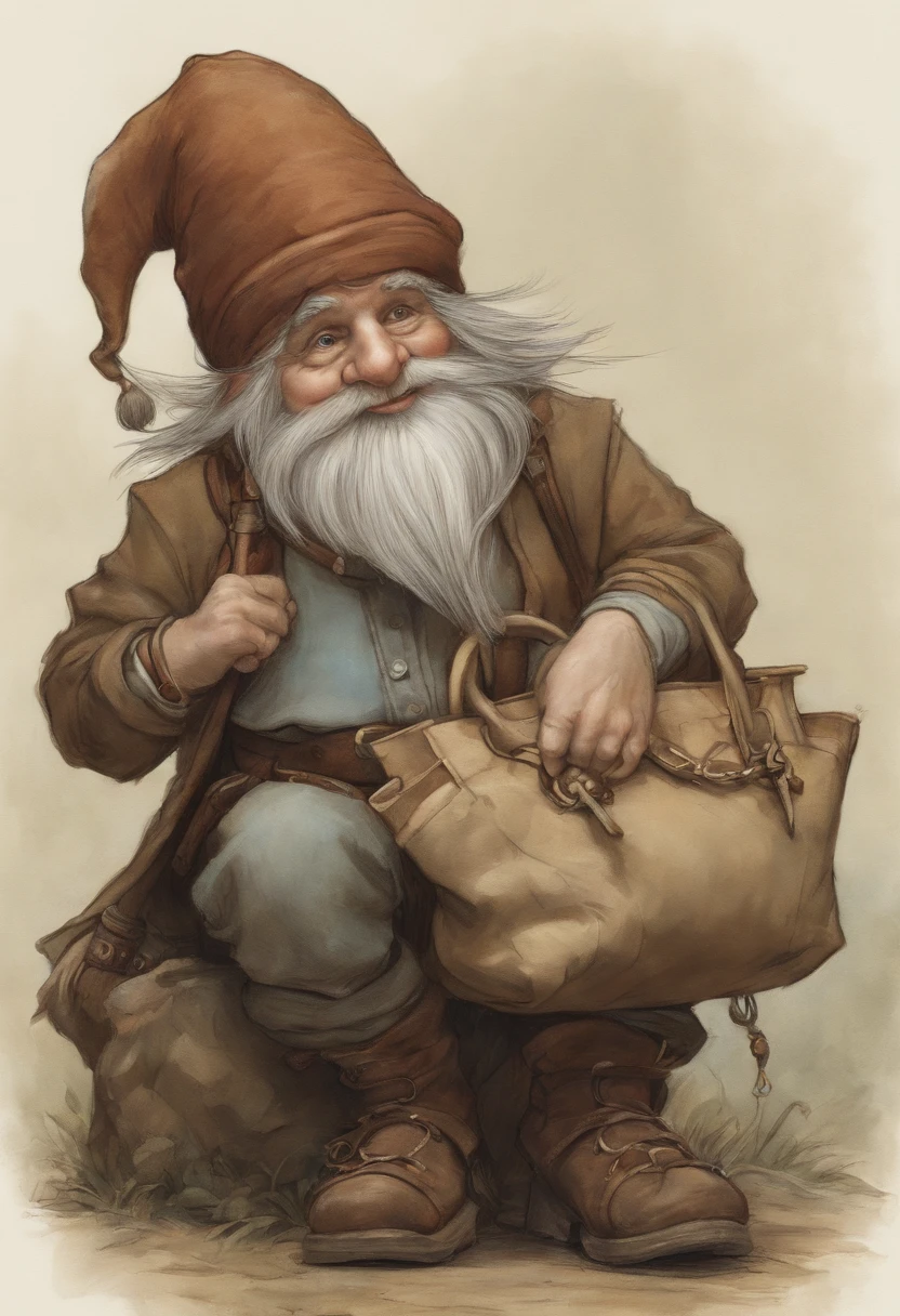 a close up of a cartoon gnome with a hat and a bag, concept art by Tony DiTerlizzi, Artstation contest winner, lowbrow, brian froud juan gimenez, portrait of a gnome called eldon, jean - baptiste monge, brian froud style, monge jean-baptiste monge, jean baptiste monge