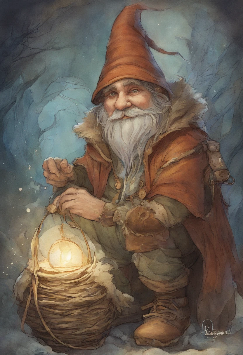 Close-up of a cartoon gnome with a hat and bag, concept art par Tony DiTerlizzi, Gagnant du concours Artstation, Lowbrow, Brian Froud Juan Gimenez, portrait of a gnome called eldon, jean - baptiste monge, Style Brian Froud, monge jean-baptiste monge, jean baptiste monge
