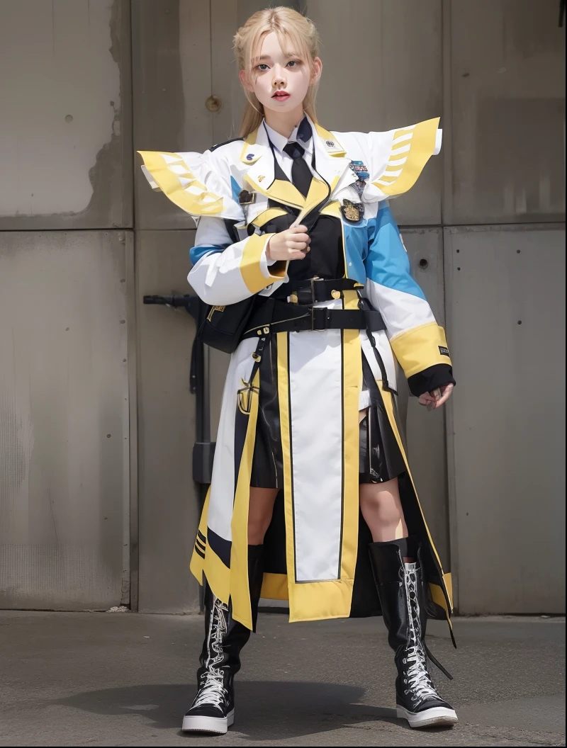 Idol in white military uniform、large full breasts、beautiful foot、a blond、、shorts、Good Style、、White Military Long Coat（Light yellow lines）、long boots