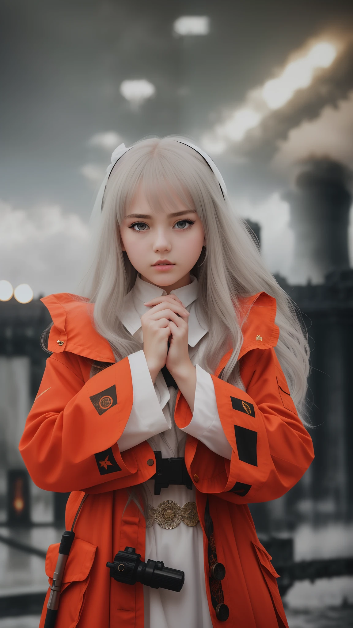 masterpiece,best quality, illustration,{beautiful detailed girl},beautiful detailed glow,(flames of war:1.2),(nuclear explosion behide:1.3),rain,detailed lighting,detailed water,(beautiful detailed eyes:1.1),expressionless,palace,azure hair,disheveled hair,long bangs,hairs between eyes,(whitegrey dress:1.1),black ribbon,white bowties,midriff,big forhead,blank stare,flower,long sleeves