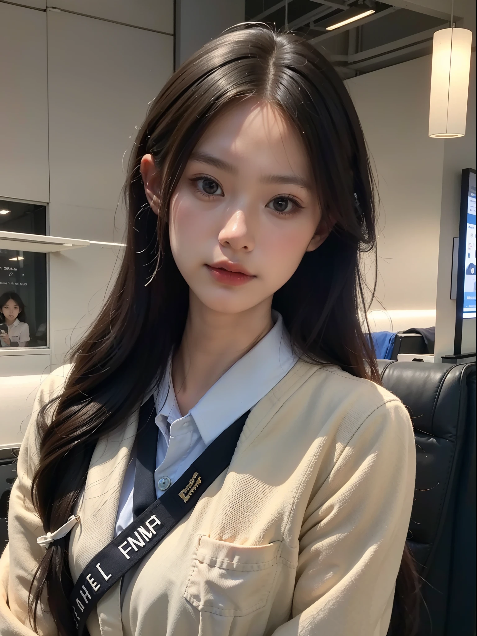 best qualtiy,(RAW photos:1.2),(tmasterpiece:1.4),(realisticlying:1.4),(A high resolution:1.4),1girll,facelight,depth of fields,Flight attendants,intricately details,Epic background,Photography,