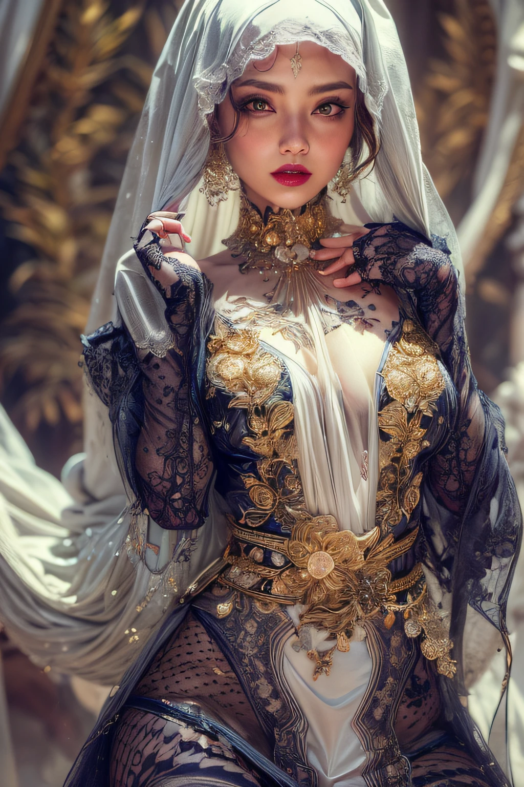 1 CHARACTER, 1 indan GIRL with hijab, dark night, kind person, ROSE ,dark design, (masterpiece, top quality, best quality, official art, beautiful and aesthetic:1.2), , extreme detailed,(fractal art:1.3), entangle ,colorful ,highest detailed,(A sexy woman in dress, A beautiful babe ,sex slave, erotic worker, prostitute, hooker),(sex pose, erotic design , erotic face, erotic pose),(small tits, golden hair , big eyes, sexy eyes body covered with tattoo, red lips, sexy lips, sexy face, hand tattoo, leg tattoo, chest tattoo ,white hijab, sexy hip, beautiful hip, big hip,), (wearing sex slave accessory ,golden accessory, Slave bracelet, bracelet, , naked, magical forest,(((masterpiece))), (((best quality))), ((ultra-detailed)),(highly detailed CG illustration) ((an extremely delicate and beautiful)),cinematic light, delicate hands