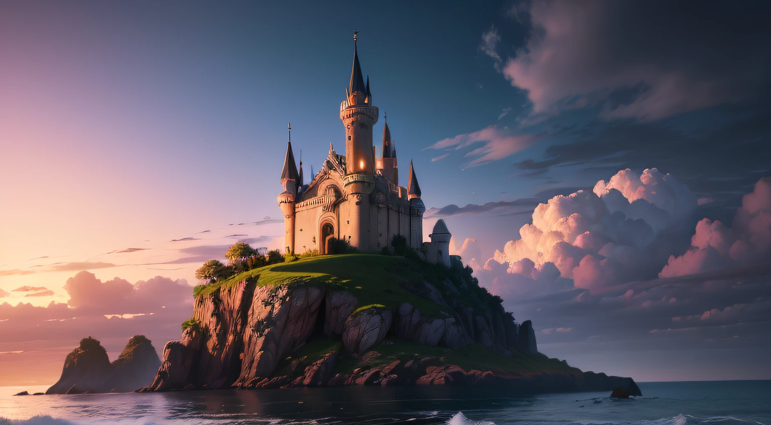 Fundo de um castelo com as torres em chamas roxas, Mystical sky with realistic lighting