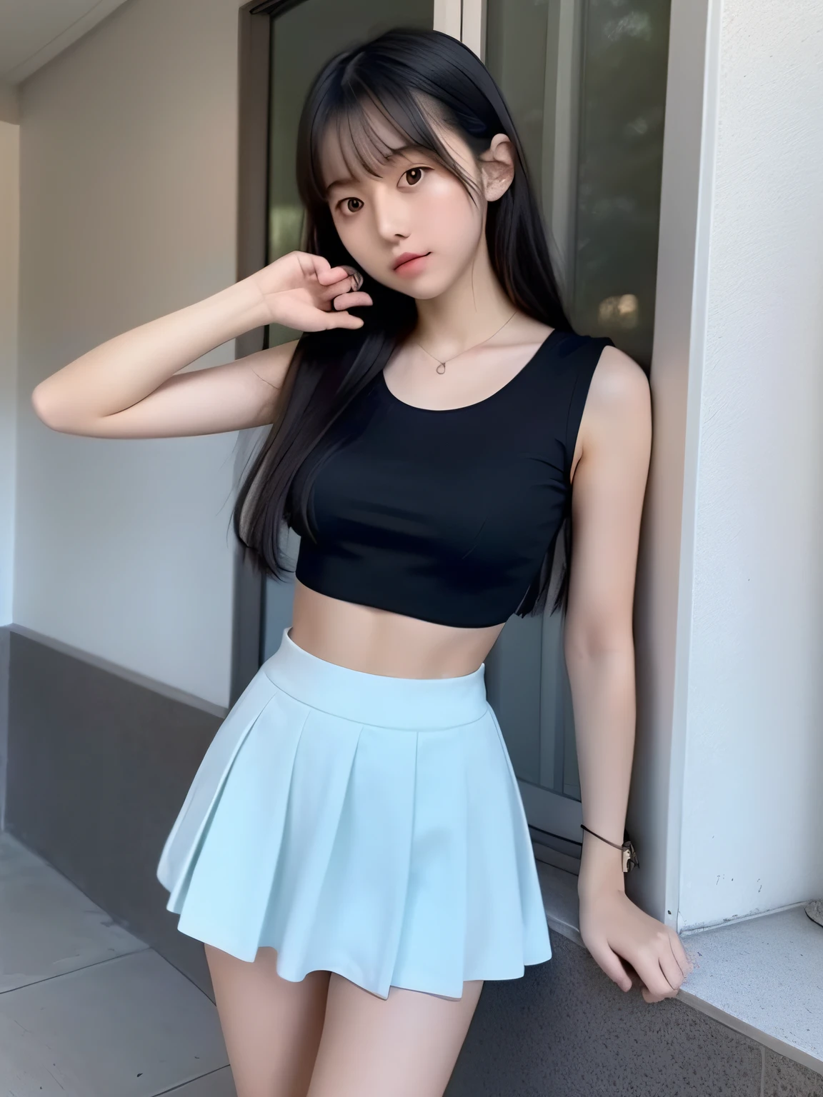 high quality, ​realistic masterpiece, t girl, smalnny girl, long legs, Wearing cute crop top outfit, skirt or shorts, skinny athletic body, innocent, playful seductive smile, Famous actresses of Japan, cute girl, walking away 