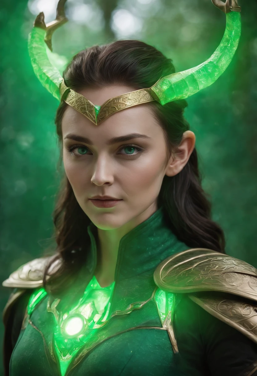 woman, age 25, anime cell shading, inspired from loki, loki costume, green magic, green aura, green glowing eyes, holding a magical sceptre, lies, deceptive background, intense, intricate details, masterpiece, highly detailed