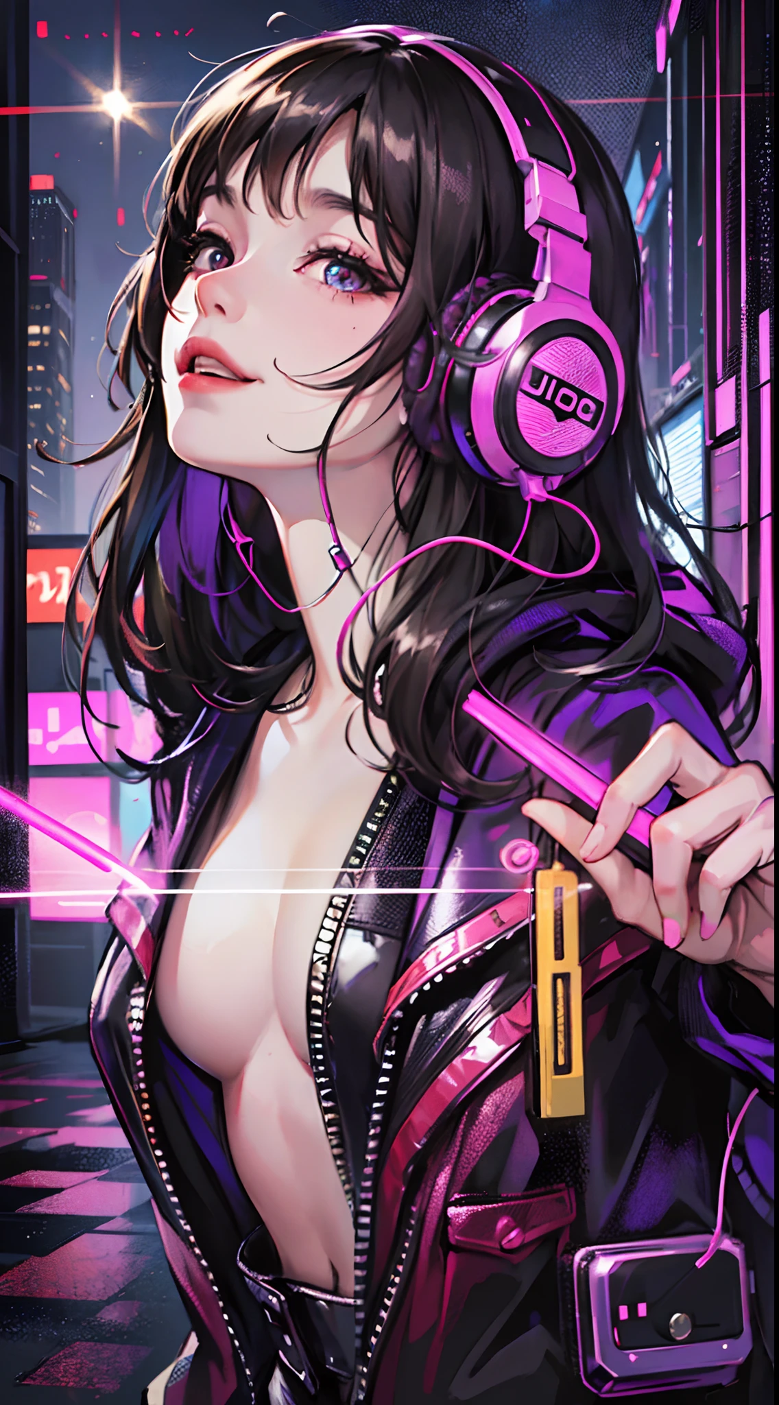 (1girl in)、(Plump beauty)、(30-years old)、(Very long hair)、(Top image quality)、(8K picture quality)、(cyberpunked)、(masutepiece)、 (Flickering of light)、(Wear a cyberpunk hooded military uniform)、(Photo of listening to music through headphones:1.5)、(confident grin:1.2)、(Full body photo)、cinematric light, Cinema Shadow, Sharp Image, Extremely detailed, Volumetric, Bright sprites, particles effect, beautiful effects, Vivid colors, neons, Neon light, Highly detailed image textures, detailed hairs, Detailed face, Detailed eyes, Full body photo, city、Dark hair、Eyes glow、Photo from the knee up、beautiful effects, Vivid colors, Highly detailed image textures, detailed hairs, Detailed eyes,(Cyberpunk cityscape)