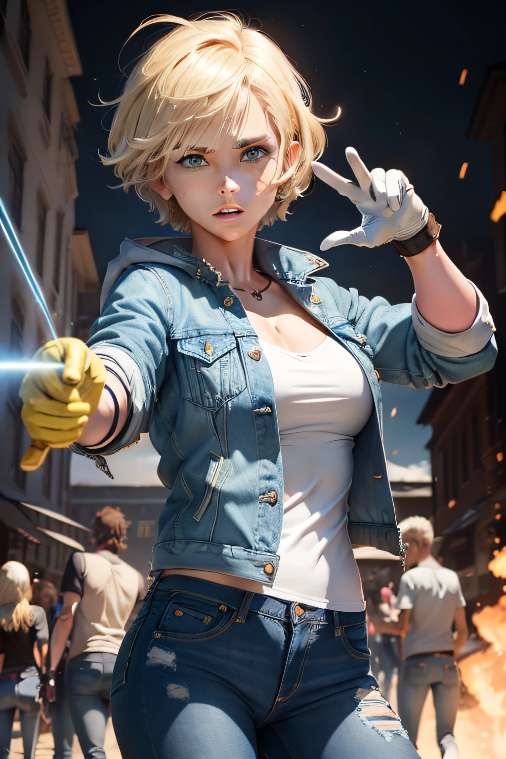 (((1 girl, cute, denim jacket, white top, jeans, Gloves, blond, short hair, bob hair, side parted hair, blue eyes))), (((blond hair))),
dynamic poses, manga style, depicting a group of characters in various action scenes, from intense battles to lighthearted moments, with dramatic speed lines and bold sound effects, capturing the excitement and energy of the story, Laser rays from the palm of hand, Attack forward with palm, yellowstone park, Grand Canyon, --auto --s2