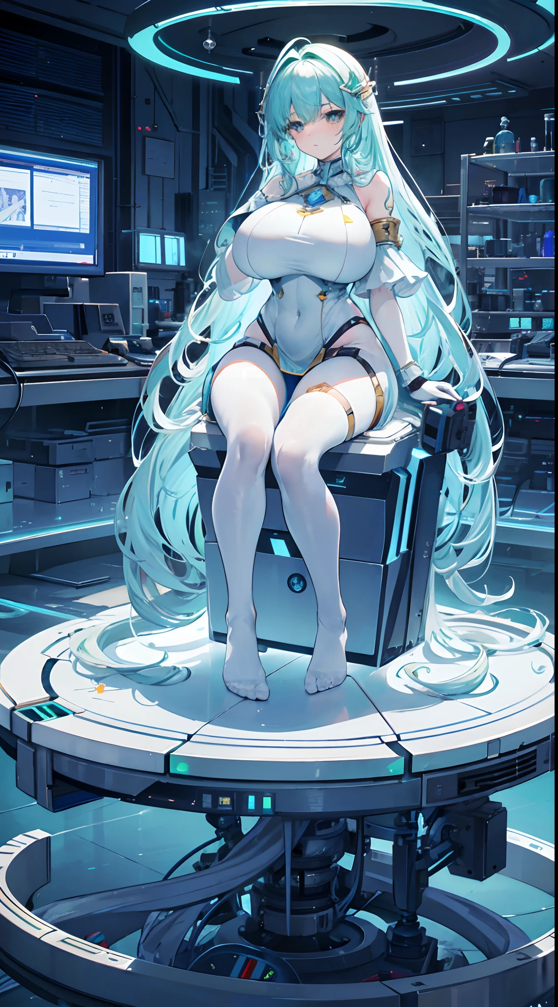 galactophore,no shoes, solo person, Solo,(gigantic breasts:1.3),European knights,White curly hair,Full body like,Sit on the test bench,dim murky lights,Inside the laboratory, technological background,