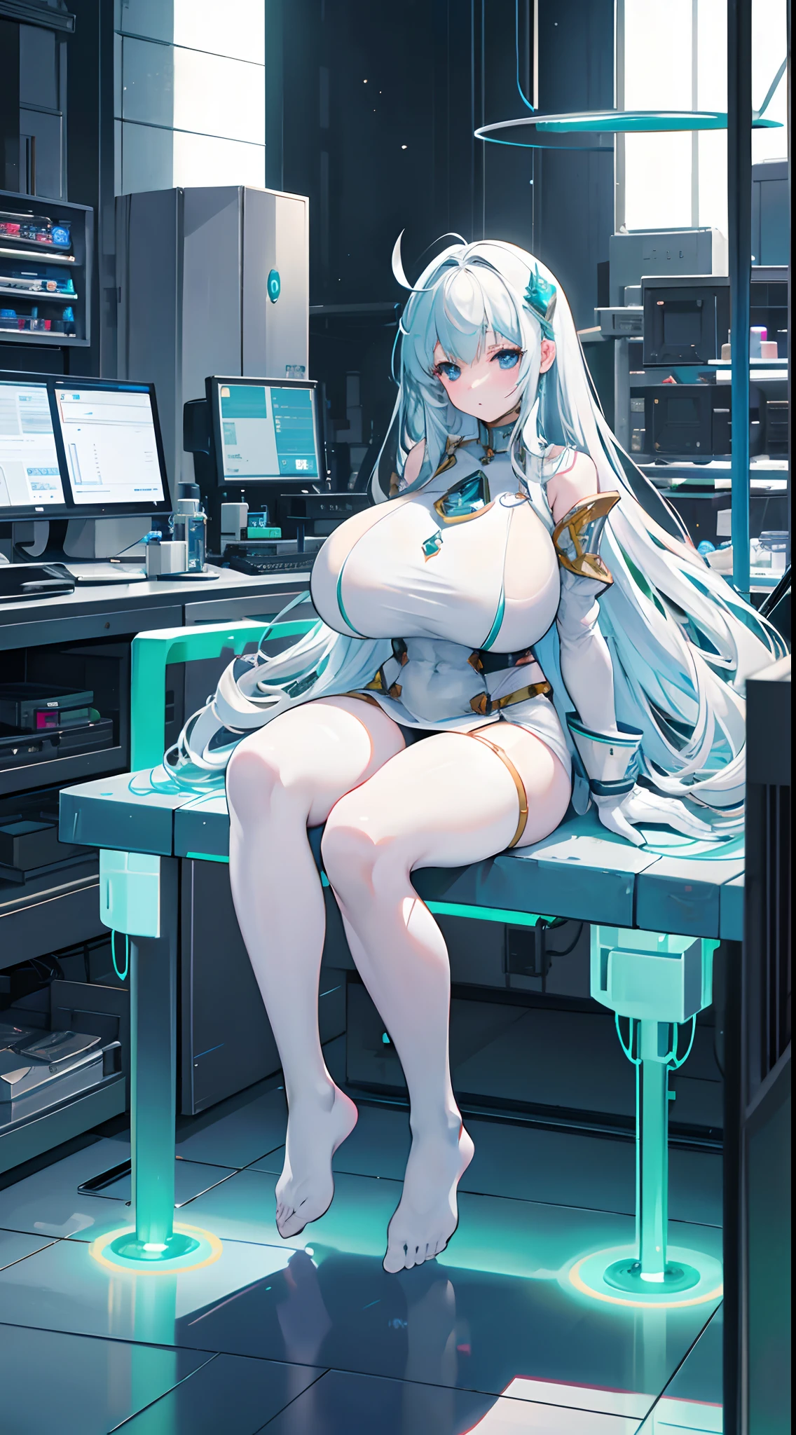 galactophore,no shoes, solo person, Solo,(gigantic breasts:1.3),European knights,White curly hair,Full body like,Sit on the test bench,dim murky lights,Inside the laboratory, technological background,