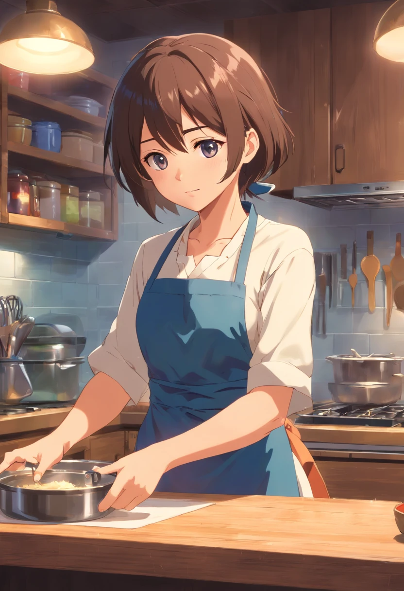 (Best Quality,hight resolution,masutepiece:1.2), (cinematic Film still from), (1girll), (See the bust up close), (Wear an apron and plain clothes), (soft warm lighting), (Inside the kitchen:1.0)