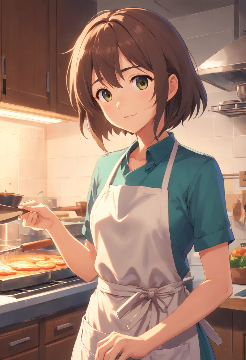 (Best Quality,hight resolution,masutepiece:1.2), (cinematic Film still from), (1girll), (See the bust up close), (Wear an apron and plain clothes), (soft warm lighting), (Inside the kitchen:1.0)