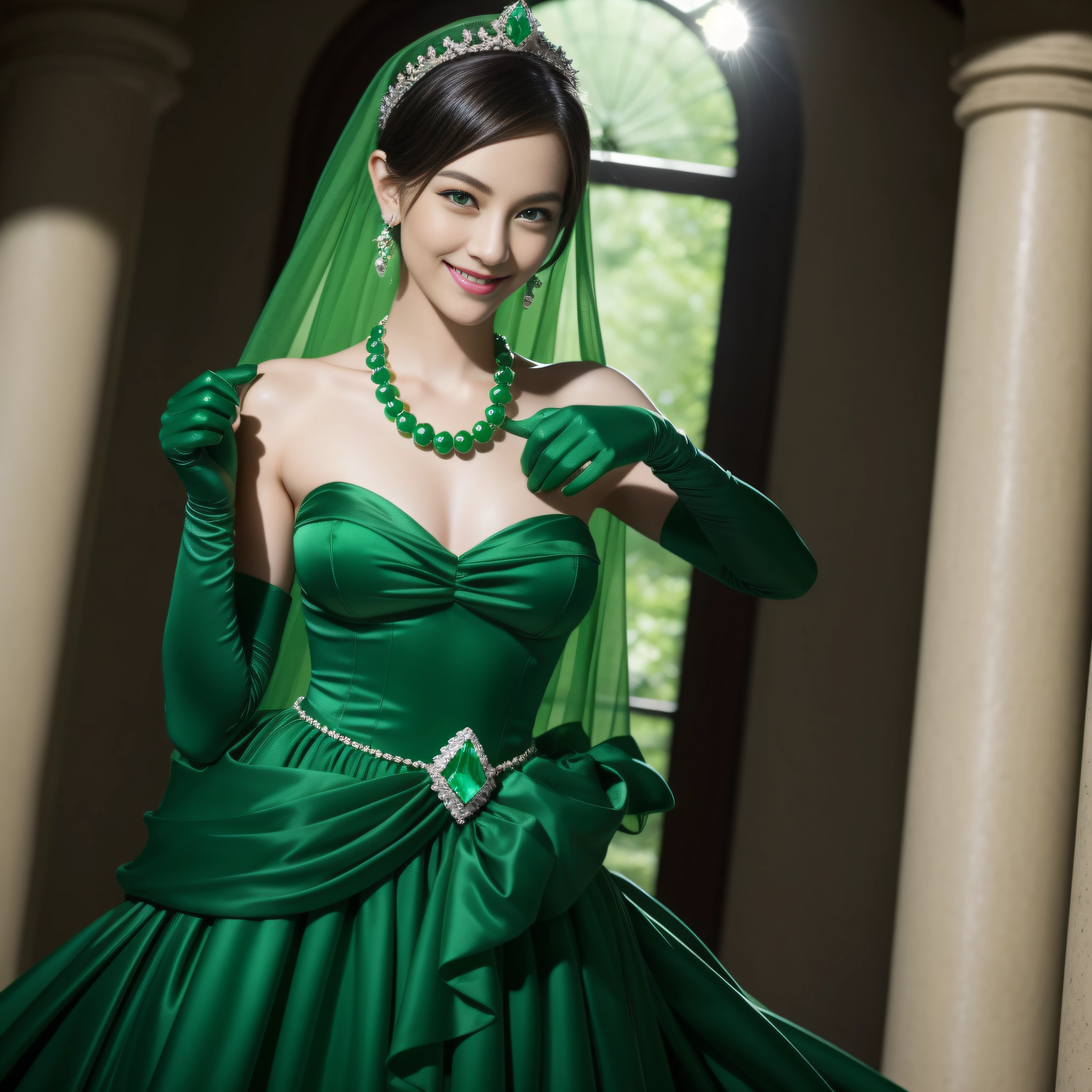 emerald tiara, Green Pearl Necklace, Boyish very short green hair, lipsticks, Japan woman smiling, very short short hair, fist, big breasts beautiful, Green eyes, Long green gloves made of satin material, Green eyes, Emerald Earrings