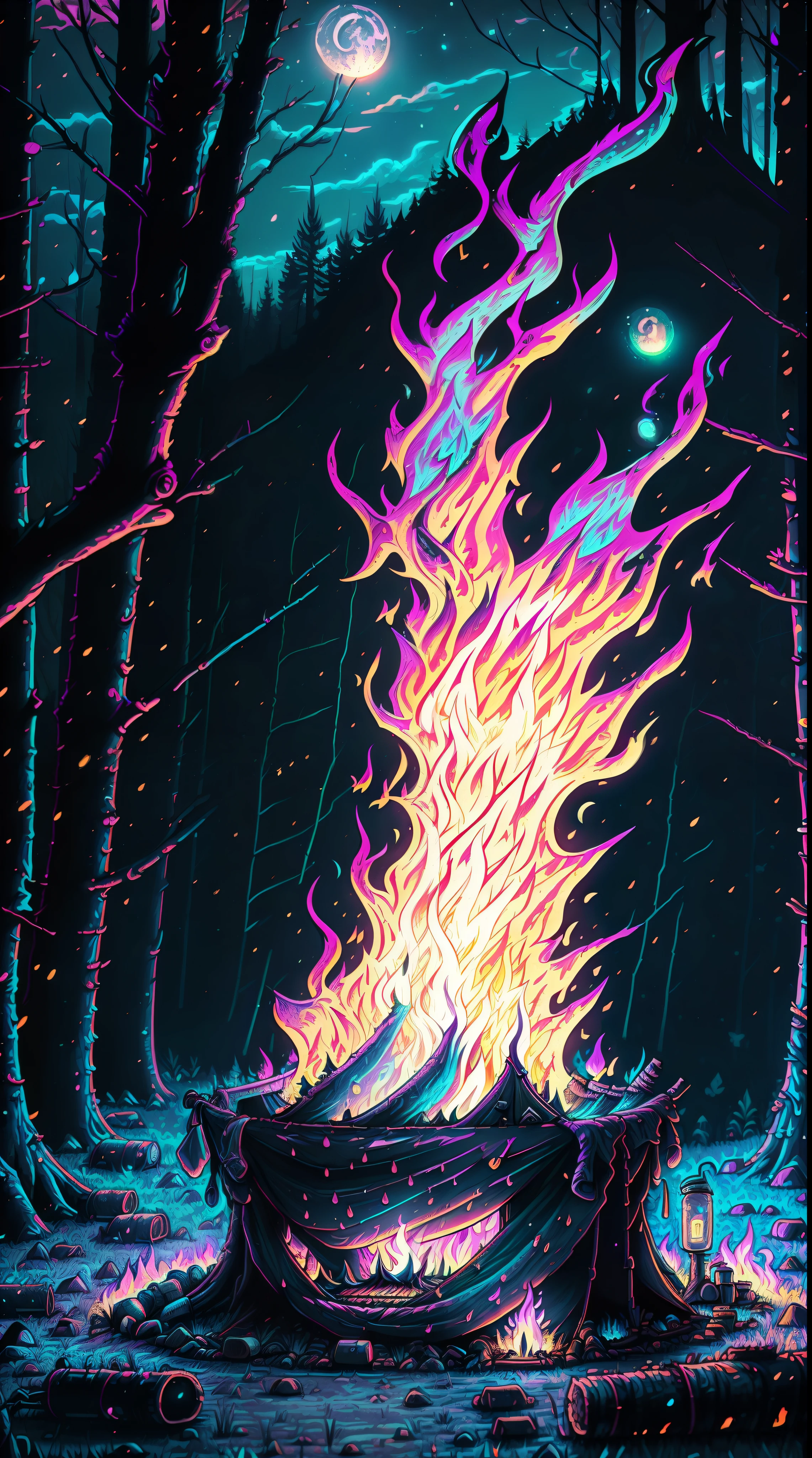 (a campfire in the woods,night,full moon),(best quality,4k,8k,highres,masterpiece:1.2),ultra-detailed,(realistic,photorealistic,photo-realistic:1.37),warm colors,dramatic lighting,crackling flames,tree shadows,twinkling stars,flickering firelight,tents in the background,forest ambiance,camping trip,tranquil atmosphere