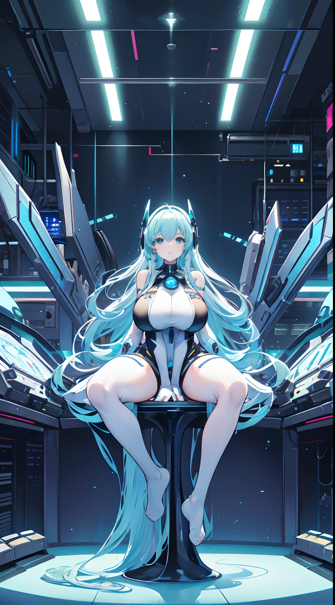 galactophore,no shoes, solo person, Solo,(gigantic breasts:1.3),European knights,White curly hair,Full body like,Sit on the test bench,dim murky lights,Inside the laboratory, technological background,