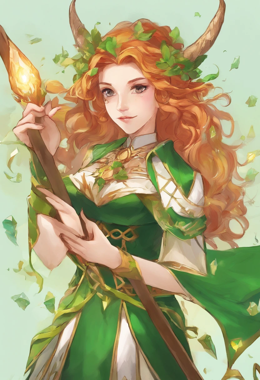 Mujer, Age 25 years, Sombreado de celdas de anime, Inspirado en Loki, Disfraz de Loki, magia verde, Aura verde, ojos verdes brillantes, Holding a magic scepter, Mentiras, Misleading background, intenso, Detalles intrincados, Obra maestra, Altamente detallado