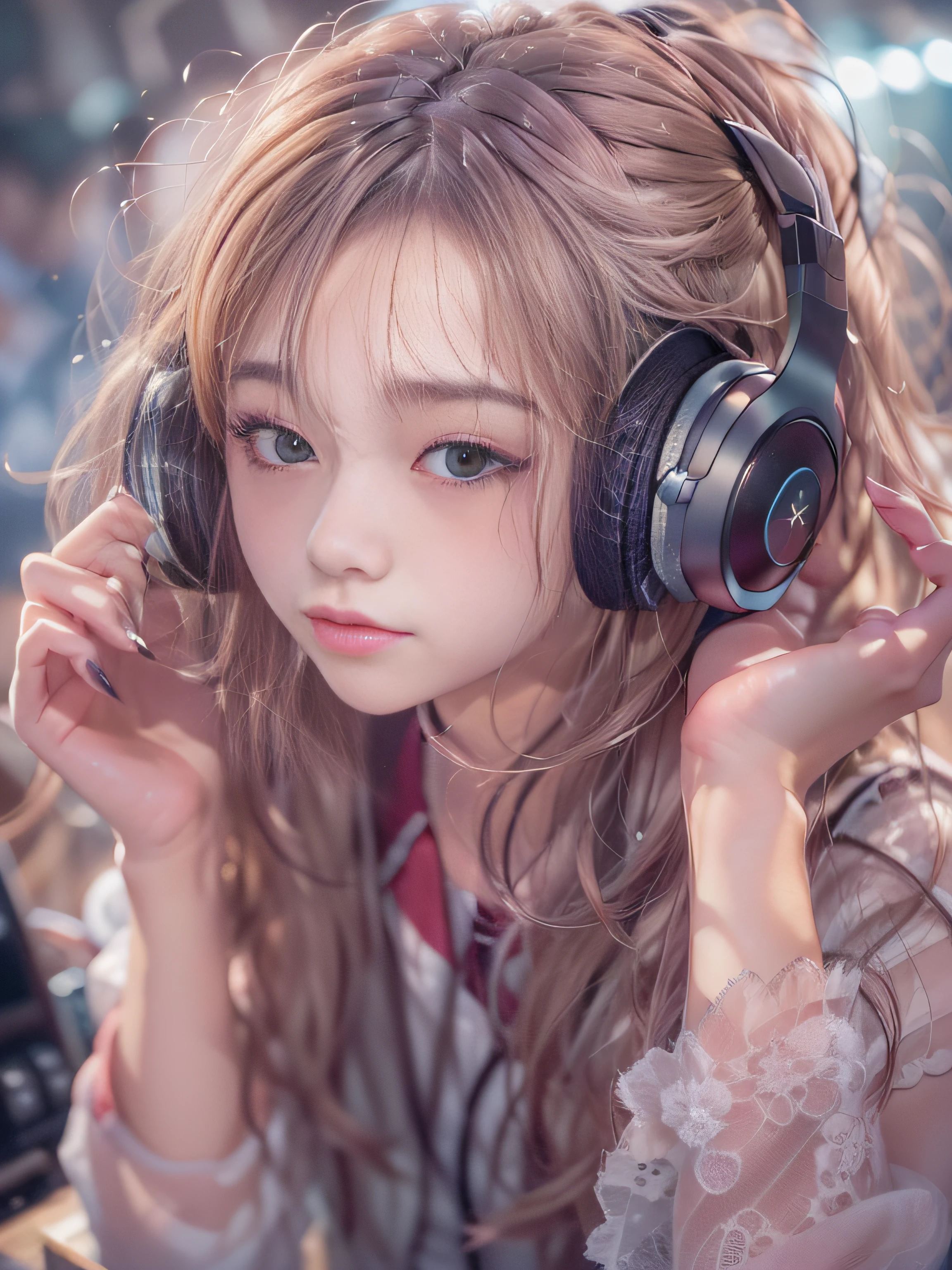 Alafed woman in DJ venue wearing headphones, ((A look tinged with joy,Ephemeral woman)),nightcore, With headphones, Kantai Collection Style, Soft lighting, with head phones, DJ female, anime moe art style,I am a DJ,((They are very focused:1.5)),small tits,slim figure,extremely detailed eye and face、beatiful detailed eyes,Beautiful skins,finely detail、smooth hair,detailed hairs,Very fine hairs,Cool color makeup,Lowered eyebrows、Whitening effect,thin and thin eyebrows,milky skin,DJs concentrate on the venue,(A scene from the venue),((The gaze is looking at the venue)),The DJ machine is exquisitely operated