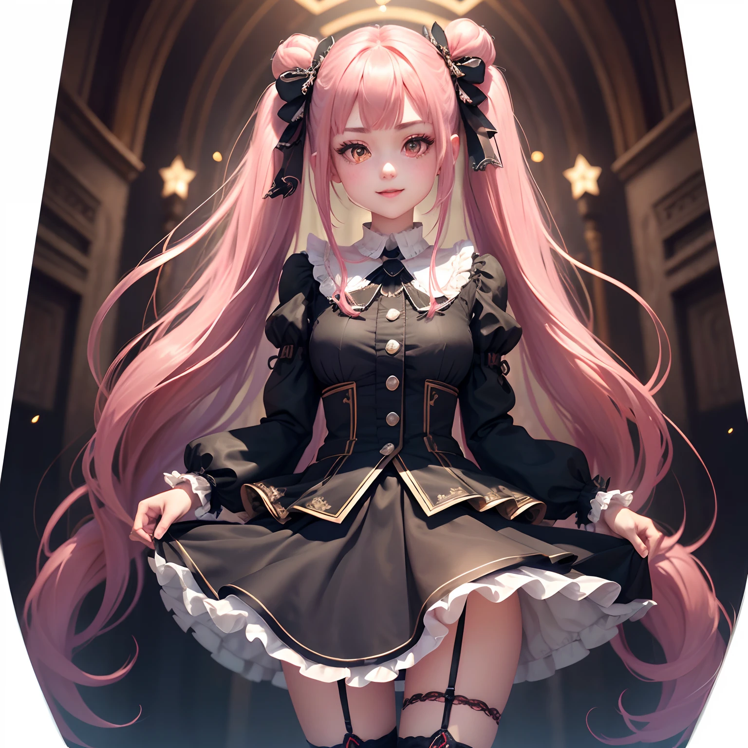 ((Layered Layer Skirt B,))((Raid boots,))(fullllbody, Legs and shoes are visible: 1.2)) Expressive eyes, Woman, pale skin, ((ssmile,))Long hair, wind blown hair, ((Long hair)), long sidelocks, princess bangs, Hair fringe, Hair bun, ((Long twintails)), flame hair, Red hair, Blushing, Full face blush, Big glowing red eyes, (Gradient Eyes), Smile with open mouth, Cute Pose,
(Pom Pom Ribbon Hair Ornament : 1.4)), (Heart-shaped leg garter), Cute((Highly detailed clothes and fashion)) looking at you, Vintage Girl, Blushing, (Beautiful detailed eyes), (the Extremely Detailed CG Unity 8K Wallpapers) (Best Shadow), ((extremely delicate and beautiful)), (Detailed light), ((depth of fields)) Big head, Big sparkling eyes, Moe, Splash Art, Cinematic lighting, Frontal view, volume, illuminating, Maxism, photoillustration, 64k resolution, hight resolution, intricate and detailed, Complex keys, visuals, Correct, Linear
((On the background of a dark palace, Surrounded by expensive decorations, shooting stars)) ((Ultra-detailed landscapes, Foggy, darkness : 1.3))