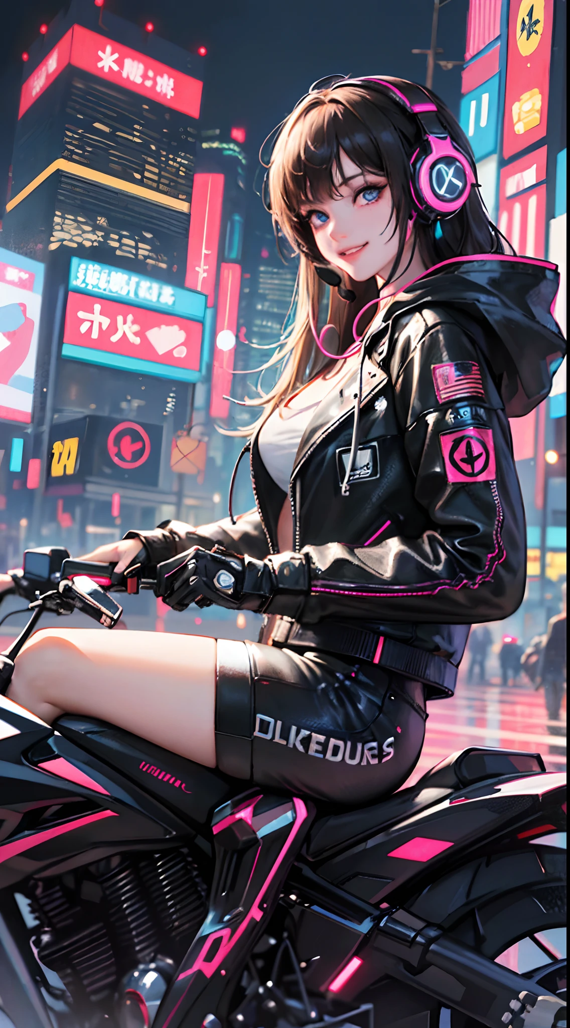 (1girl in)、(Plump beauty)、(30-years old)、(Very long hair)、(Top image quality)、(8K picture quality)、(cyberpunked)、(masutepiece)、 (Flickering of light)、(Wear a cyberpunk hooded military uniform)、(Photo straddling a motorcycle:1.5)、(Photo of listening to music through headphones:1.5)、(confident grin:1.2)、(Full body photo)、cinematric light, Cinema Shadow, Sharp Image, Extremely detailed, Volumetric, Bright sprites, particles effect, beautiful effects, Vivid colors, neons, Neon light, Highly detailed image textures, detailed hairs, Detailed face, Detailed eyes, Full body photo, city、Dark hair、Eyes glow、Photo from the knee up、beautiful effects, Vivid colors, Highly detailed image textures, detailed hairs, Detailed eyes,(Cyberpunk cityscape)