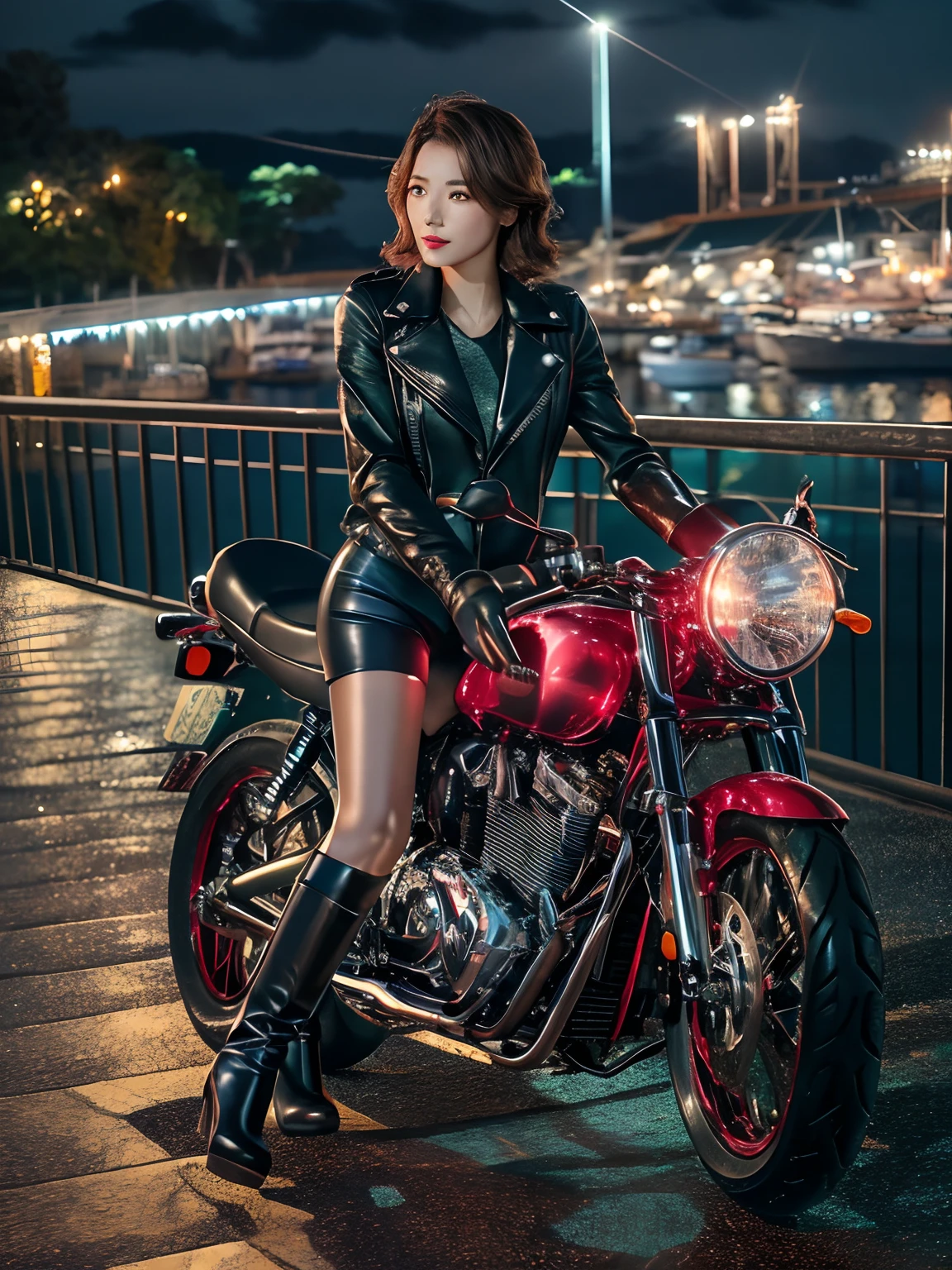 (masutepiece), Full body shot, photo of the whole motorcycle, Cute young woman in Japan, Ride an old traditional shiny metallic silver motorcycle at the wharf, glamorous shape, shoulder length shiny smooth light brown hair, Wearing a leather black riding jacket, Glossy satin red bikini under riding jacket, Leather Black Riding Gloves, Leather Black Pants, Leather Black High Heel Long Boots, staring at night view over the sea, absolutely pretty face, Double eyelids, Natural makeup, long eyelashes, Glossy lips, 8K resolution, high details, detailed hairstyle, Detailed face, Black eyes, elegent, epicd, Cinematic lighting, Octane Rendering, Vibrant, Hyper realistic, Fair skin, Perfect limbs, Perfect Anatomy, short hair