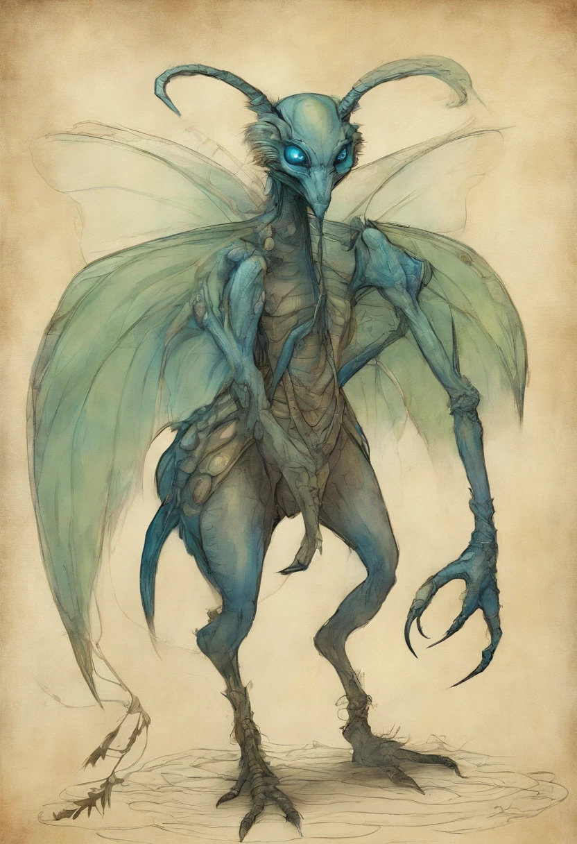 a drawing of a blue alien with a large head and wings, is evil gremlin, a humanoid mosquito, one a demon-like creature, one a demon - like creature, a humanoid mosquito wolf, gremlin, cartoon creature, inspired by Tony DiTerlizzi, chupacabra, inspired by Wayne Barlowe, goblin, insectoid