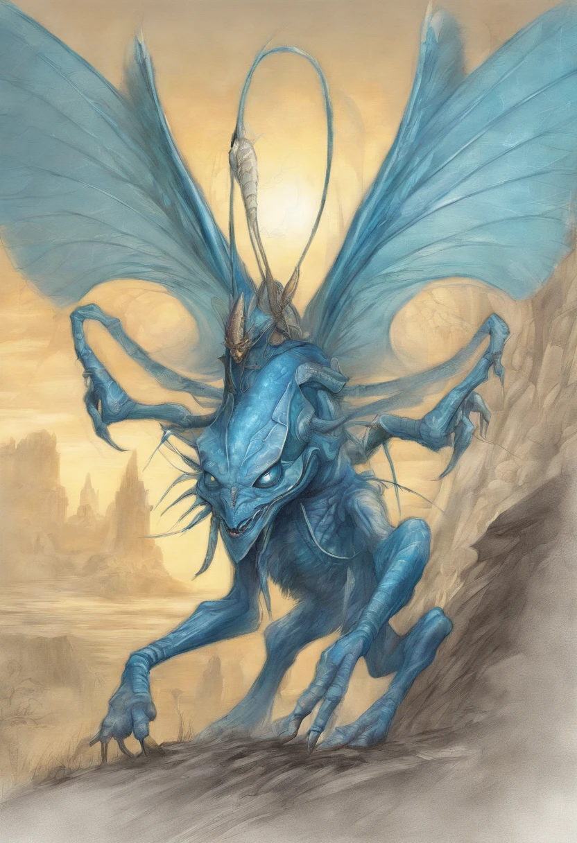 a drawing of a blue alien with a large head and wings, is evil gremlin, a humanoid mosquito, one a demon-like creature, one a demon - like creature, a humanoid mosquito wolf, gremlin, cartoon creature, inspired by Tony DiTerlizzi, chupacabra, inspired by Wayne Barlowe, goblin, insectoid
