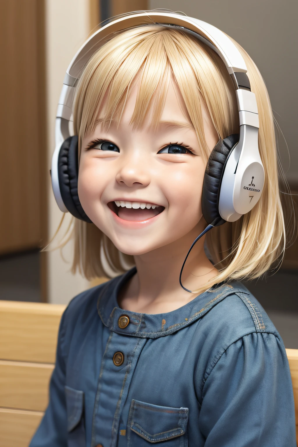 Foreigners wearing headphones　a blond　　study　　Laughing　cute little　bule　Facing the front