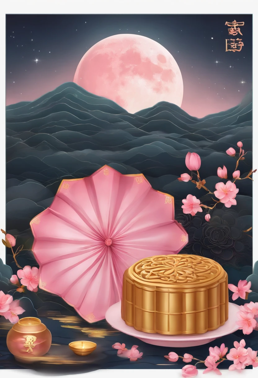 Moon，Moon icon，Two-dimensional style，Mid-Autumn Festival，Moon cake，Gift ribbons，Pink light bar,No Man，No Man