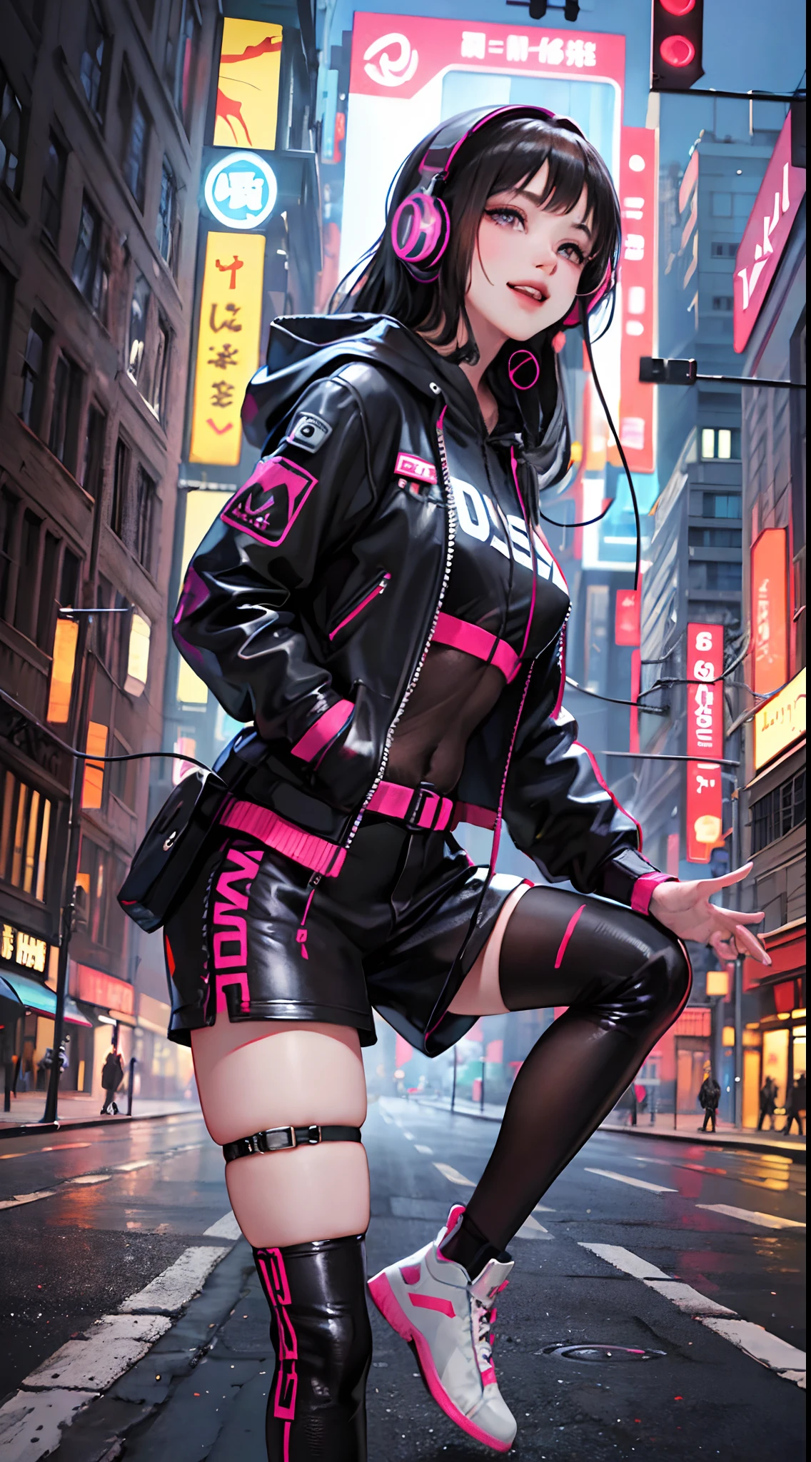 (1girl in)、(Plump beauty)、(30-years old)、(Very long hair)、(Top image quality)、(8K picture quality)、(cyberpunked)、(masutepiece)、 (Flickering of light)、(Wear a cyberpunk hooded military uniform)、(Photo of listening to music through headphones:1.5)、(confident grin:1.2)、(Full body photo)、cinematric light, Cinema Shadow, Sharp Image, Extremely detailed, Volumetric, Bright sprites, particles effect, beautiful effects, Vivid colors, neons, Neon light, Highly detailed image textures, detailed hairs, Detailed face, Detailed eyes, Full body photo, city、Dark hair、Eyes glow、Photo from the knee up、beautiful effects, Vivid colors, Highly detailed image textures, detailed hairs, Detailed eyes,(Cyberpunk cityscape)