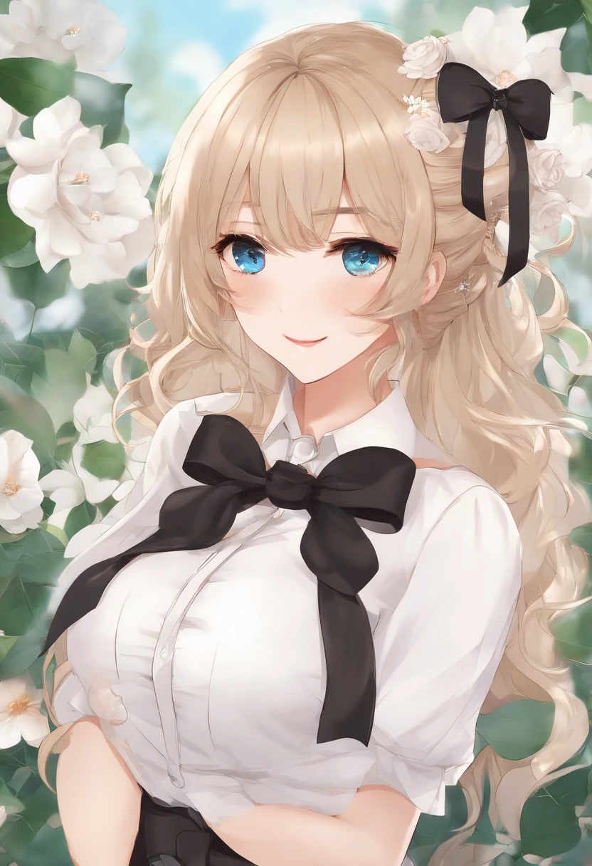 Portfolio piece, Best quality, Girl, Long hair alternatives, Absurdly long hair, Blonde hair, bow hair, aqua eyes, Seductive smile, Tongue stock, Black eyes, long eyelasher, Big breasts, Mole on the chest, White shirt, Short black skirt, shoes, pendant, Hair ribbon, flower ribbon, Hair_ribbon, Hair_ribbon, Hair_flower