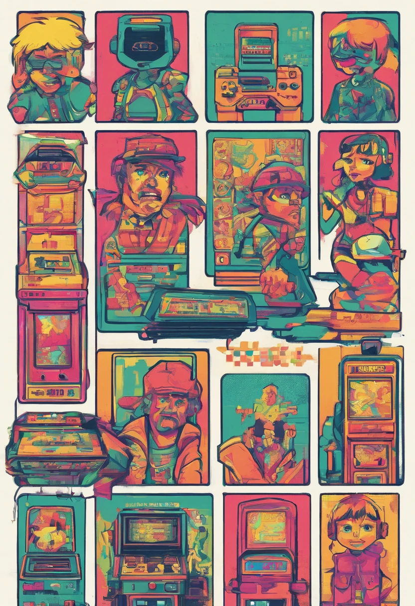 multiple expressions, multiple poses, different outfits, high color, surreal, retro, pencil, beautiful face, high detail face