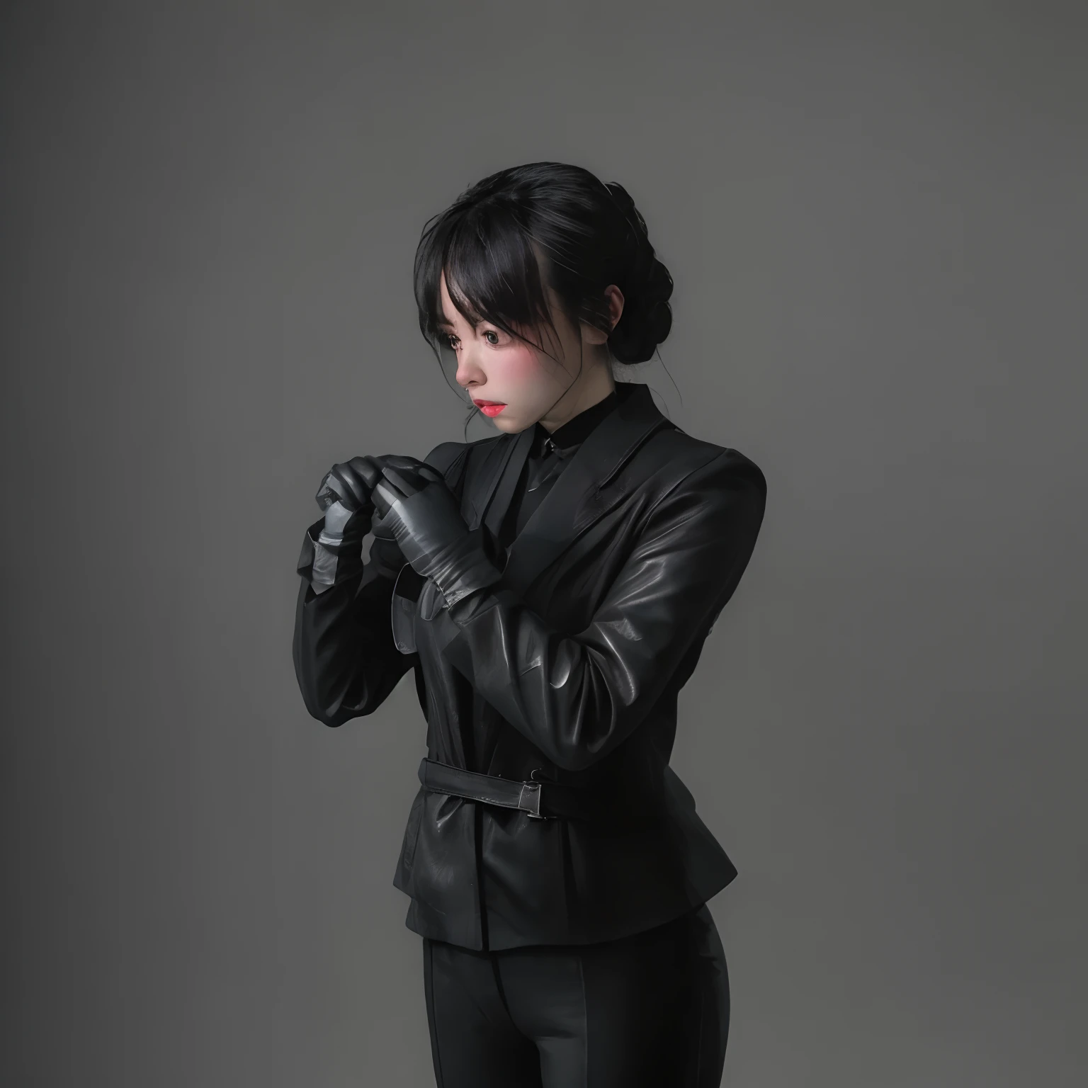 Young Japan woman lifting black suit onto shirt, Black leather gloves worn on both hands, Hands of woman in black suit and black leather gloves in front of you