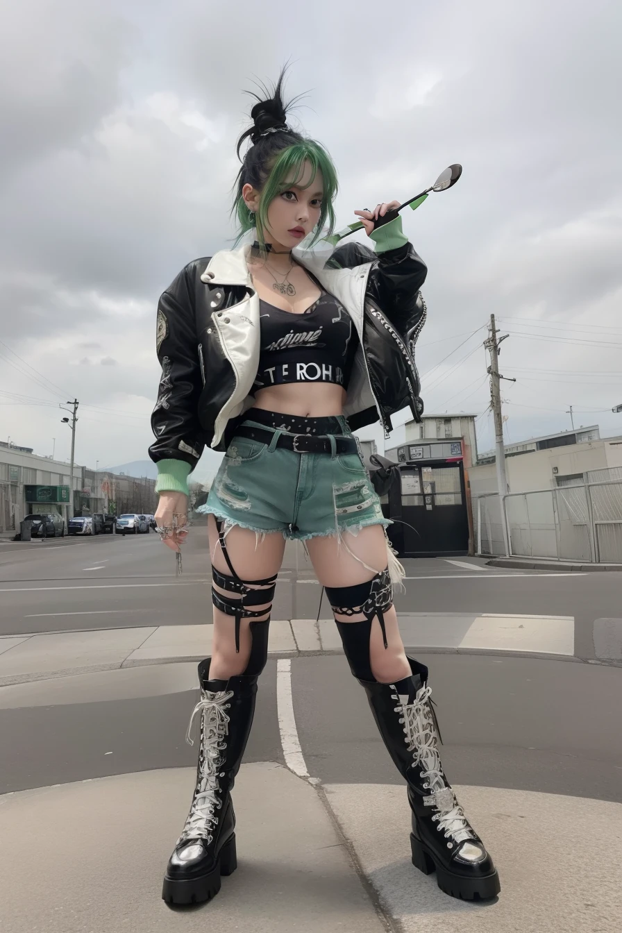 Idols of punk fashion、large full breasts、beautiful foot、、、Green shorts、Good Style、、Black Punk Jacket（Pale green lines）、long boots