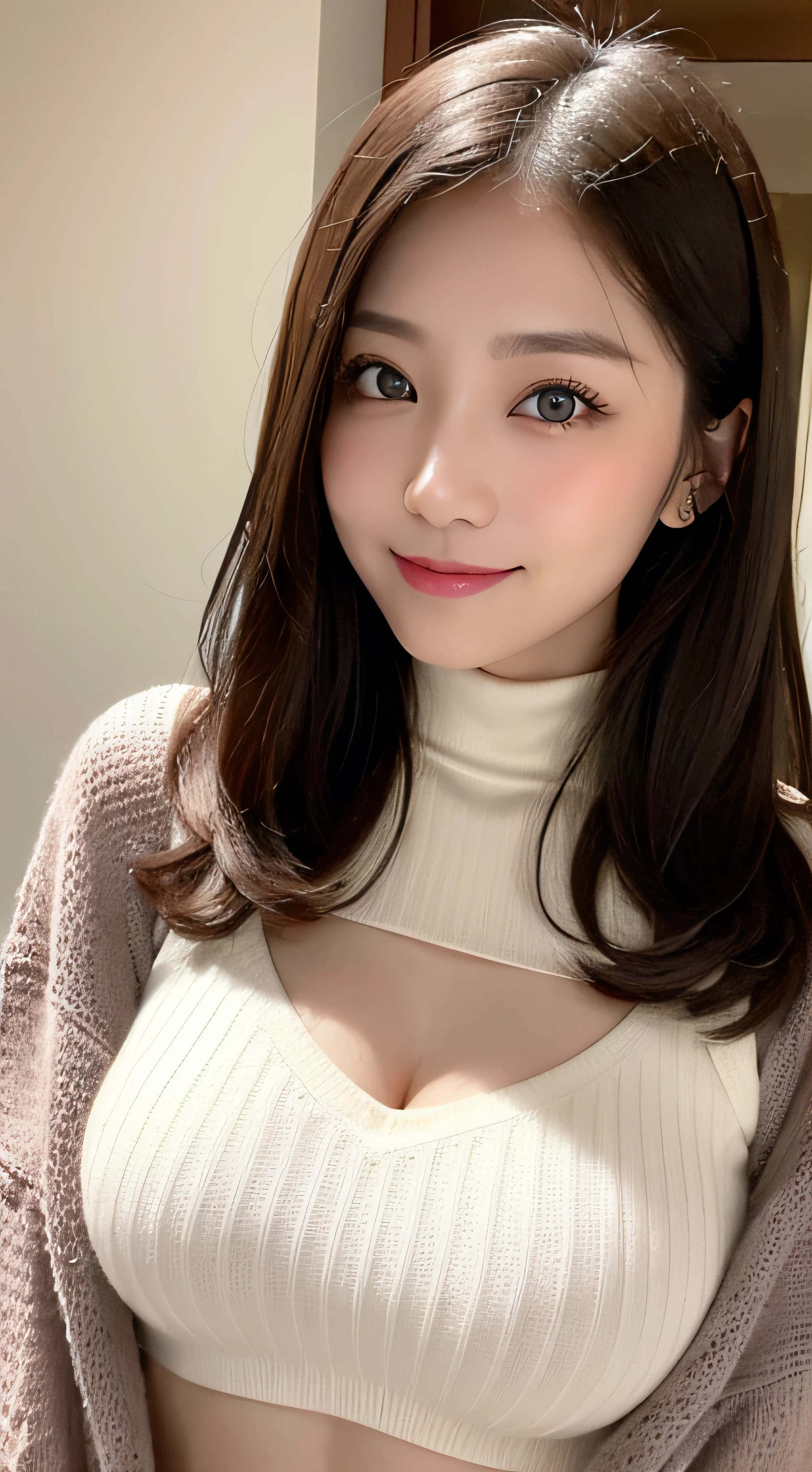 ((Highest quality, Tabletop, Ultra-high resolution、The most complex and detailed depiction))、(Very bright lighting:1.1)、(spring-like clothes)、(Beautiful woman:1.1)、(Long Wavy Hair:1.05), (Accurate anatomy:1.1)、Colored contact lenses、Perfect Makeup、、lipstick、Highly saturated eyeshadow、Loose off-the-shoulder knit、Short skirt、Blurred Background, Look at me and smile、Fine dining、(Face close-up:1.1)、(Ultra-high resolution gloss, Fair skin:1.1)、Ultra-high resolutionの顔、Ultra-high resolutionの髪、Ultra-high resolution sparkling eyes、Ultra-high resolution glossy lips、(Brightly lit white skin:1.1)、Beautiful face drawn in every detail、Ultra-high resolution perfect beautiful teeth、(Bright and vivid:1.1), whole body,Brown Hair,
