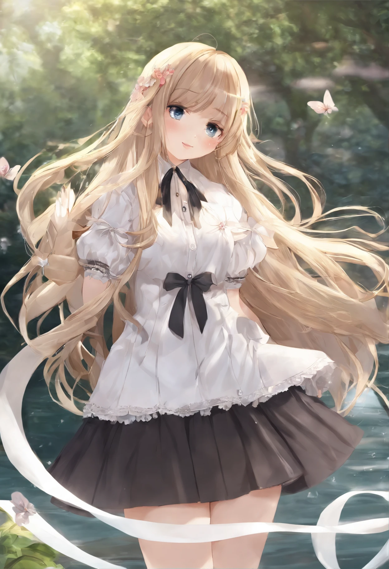 Portfolio piece, Best quality, Girl, Long hair alternatives, Absurdly long hair, Blonde hair, bow hair, aqua eyes, Seductive smile, Tongue stock, Black eyes, long eyelasher, Big breasts, Mole on the chest, White shirt, Short black skirt, shoes, pendant, Hair ribbon, flower ribbon, Hair_ribbon, Hair_ribbon, Hair_flower