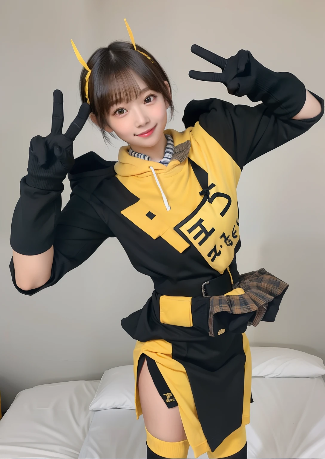 Cute look、Black High Socks、High school girl idol、large full breasts、beautiful foot、short-cut、Very good style、、、School Uniforms（Black and bright yellow uniform hoodie、a miniskirt）、Blackknee Socks、、Peace sign with both hands