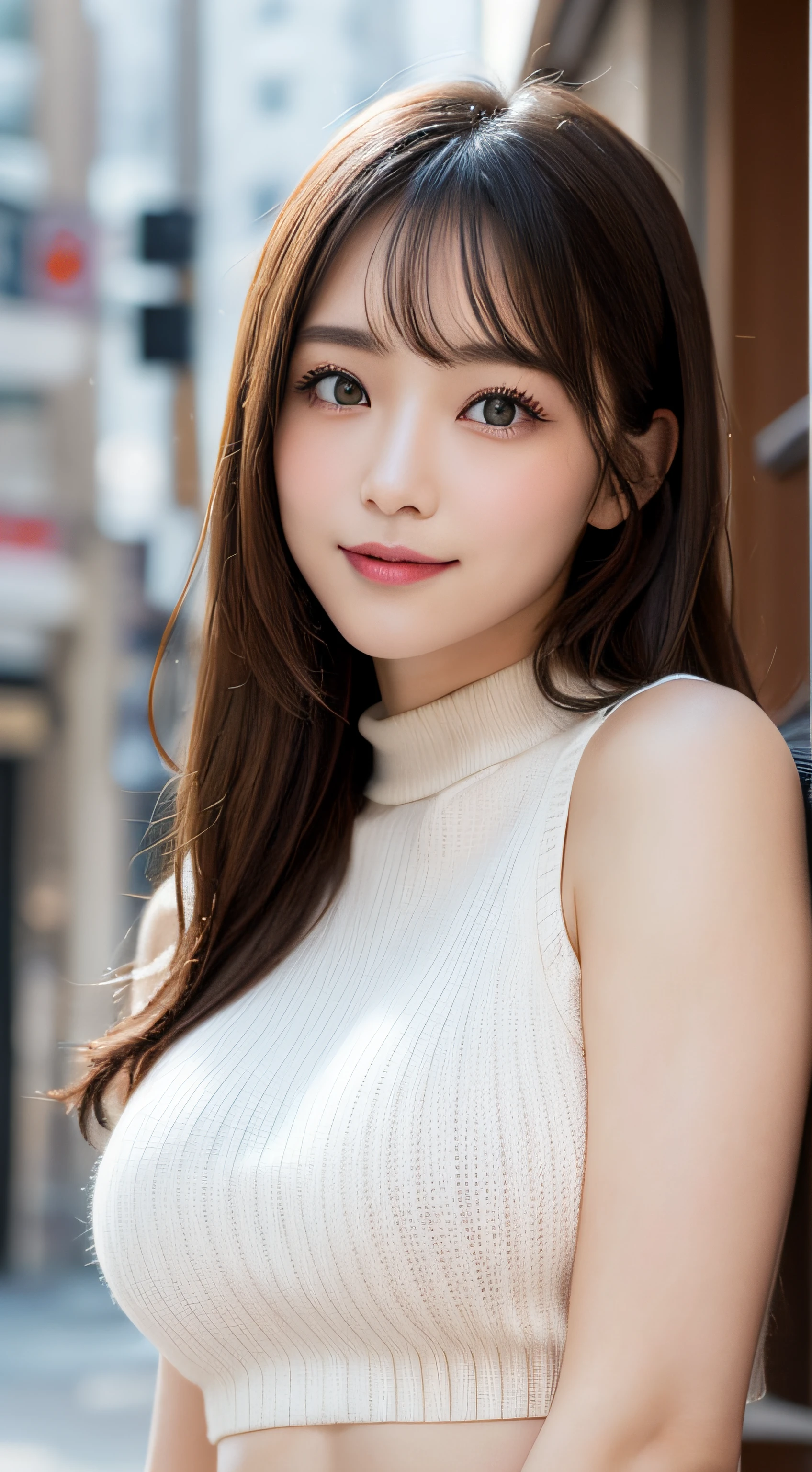masutepiece, Best Quality, Photorealsitic, finely detail, hight resolution, 8K Wallpapers, Perfect dynamic composition, Beautiful detailed eyes, Medium Hair, large full breasts, Random and sexy poses,Bring your chest together、(Open Chest Mock Neck Crop Tank Top White Knitwear Clear Clave)、(Breast bulge 1.2)、A smile、open open mouth、Resort scenery、25-years old、(Drooping eyes 1.4)、Adult beauty、japanes