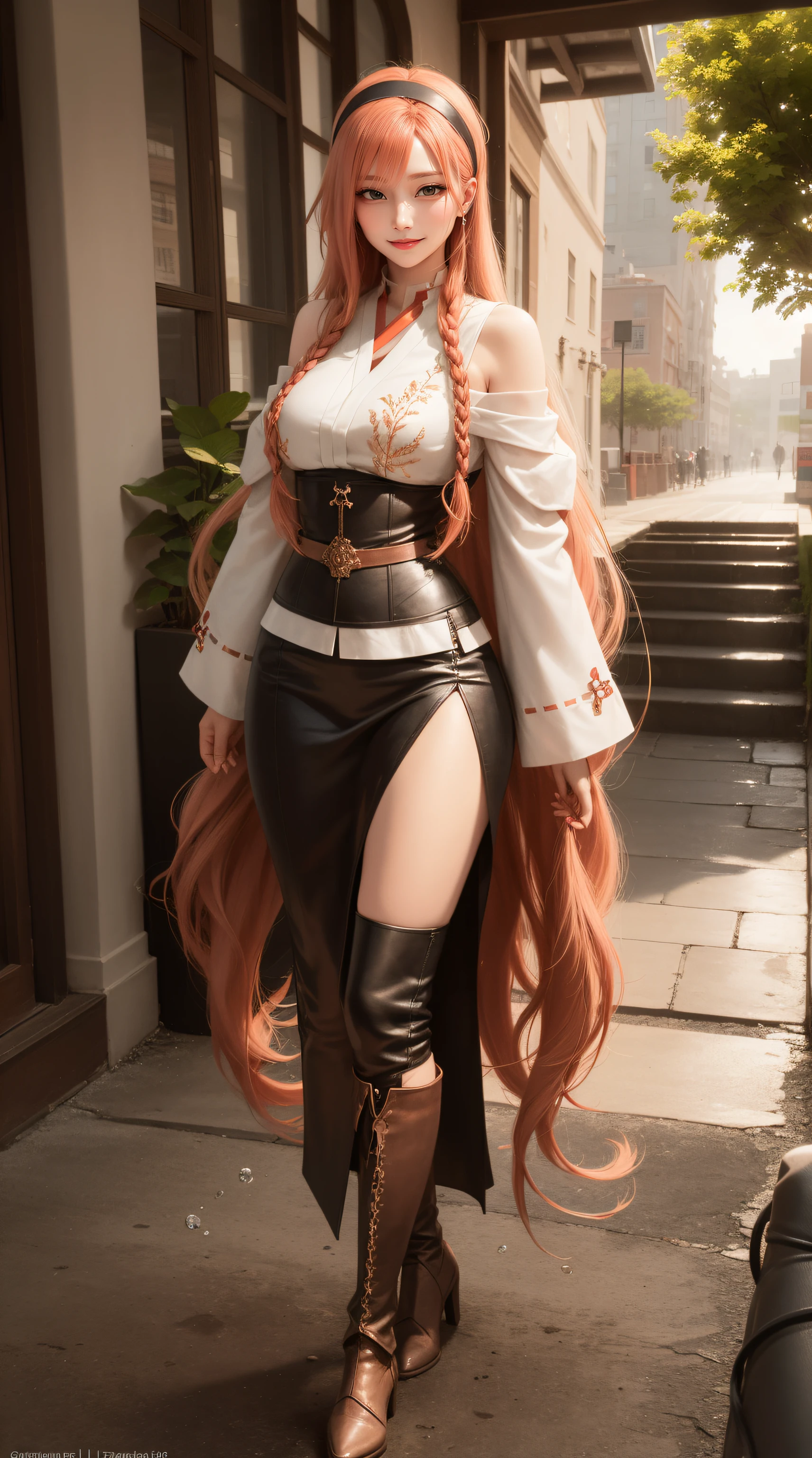 (looking at viewer),(1girl,curvy,petite,full body,beautiful breasts,medium breasts,pale skin,pointy breasts,),(leather boots,(leather armor),(embroidered miko,see through)),((realistic:2,high resolution,best quality,masterpiece)),((extra long hair:1.5),blunt bangs,(extra light coppery red hair,highlight color),Straight hair,hair over one eye,leather headband),(water,sunlight)