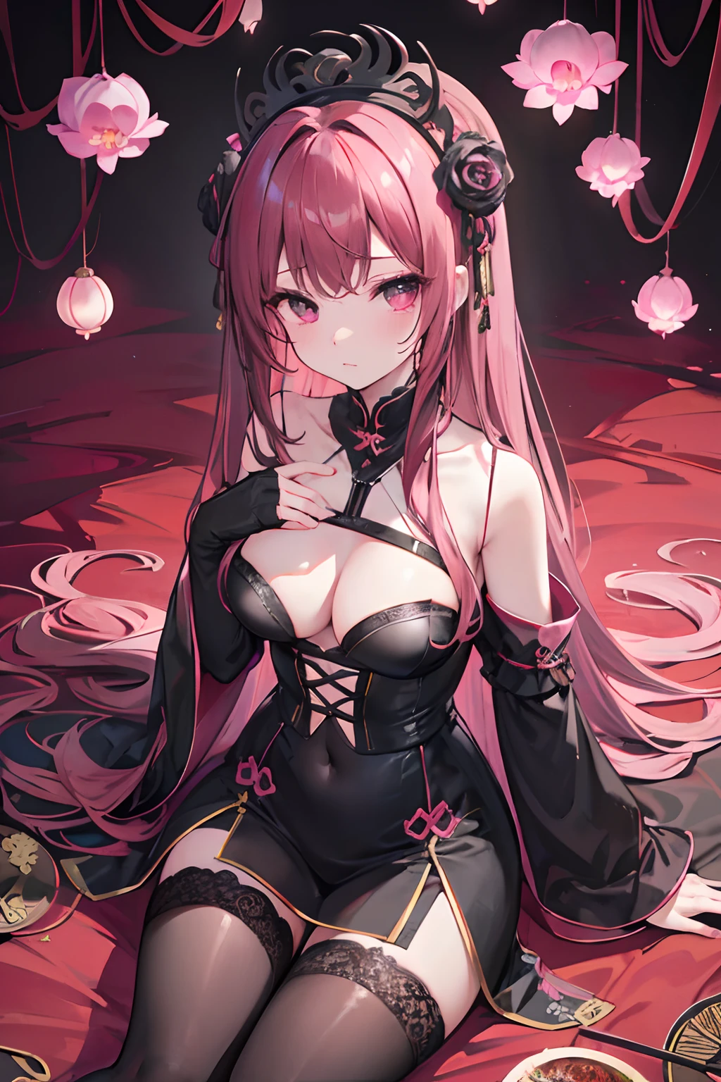 Dark pink hair,curlies,blacksilk,black lence stockings,Bare chest,dark,Black erotic underwear,Black Hanfu,show legs,China-style,lotuses