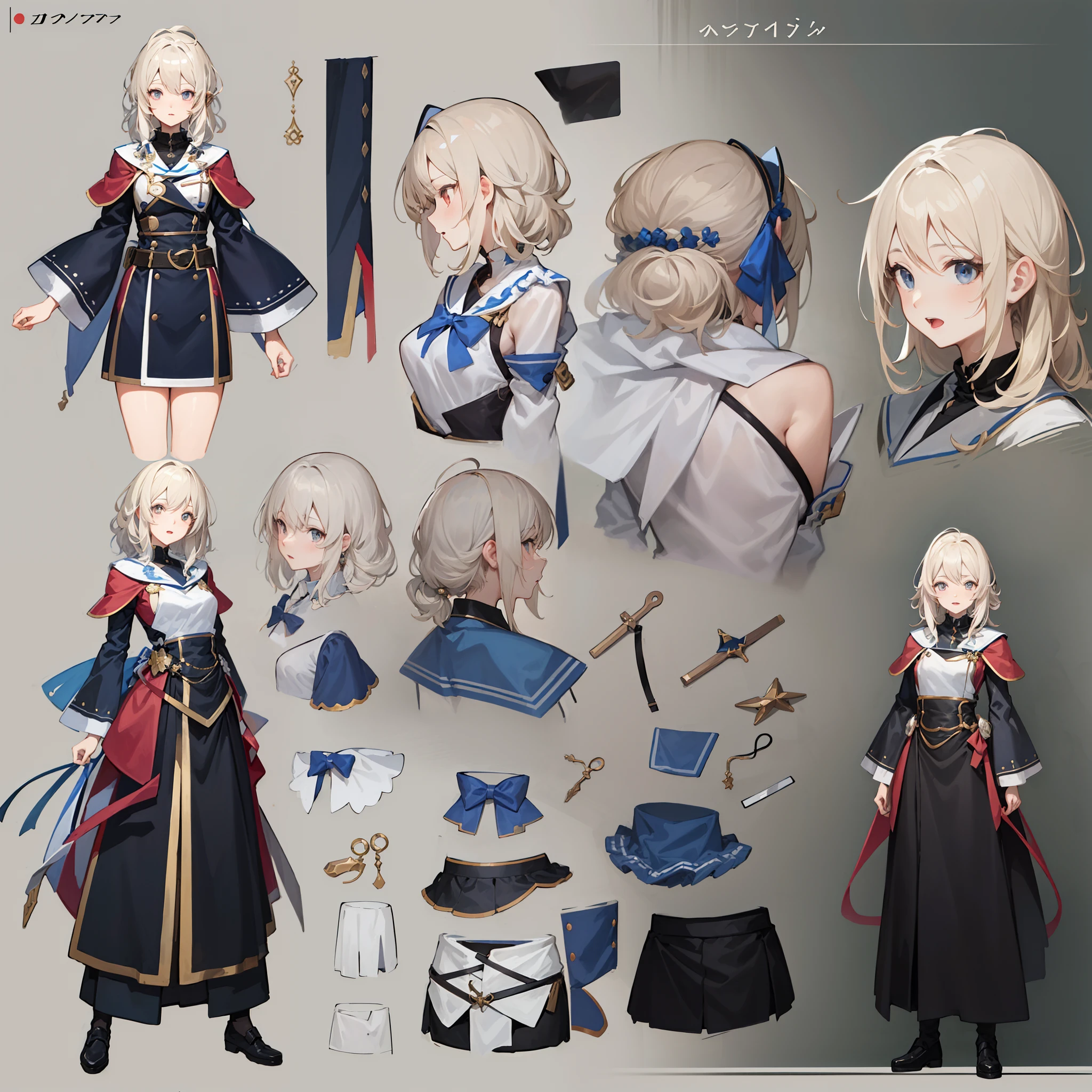 anime - style image of a character with a variety of hair and accessories, anime set style, anime character reference sheet, fantasy uniform, flat anime style, anime full body illustration, full_body!!, complete detailed body, extra detailed body, anime vtuber full body model, soft anime illustration, anime style character, clean detailed anime style,