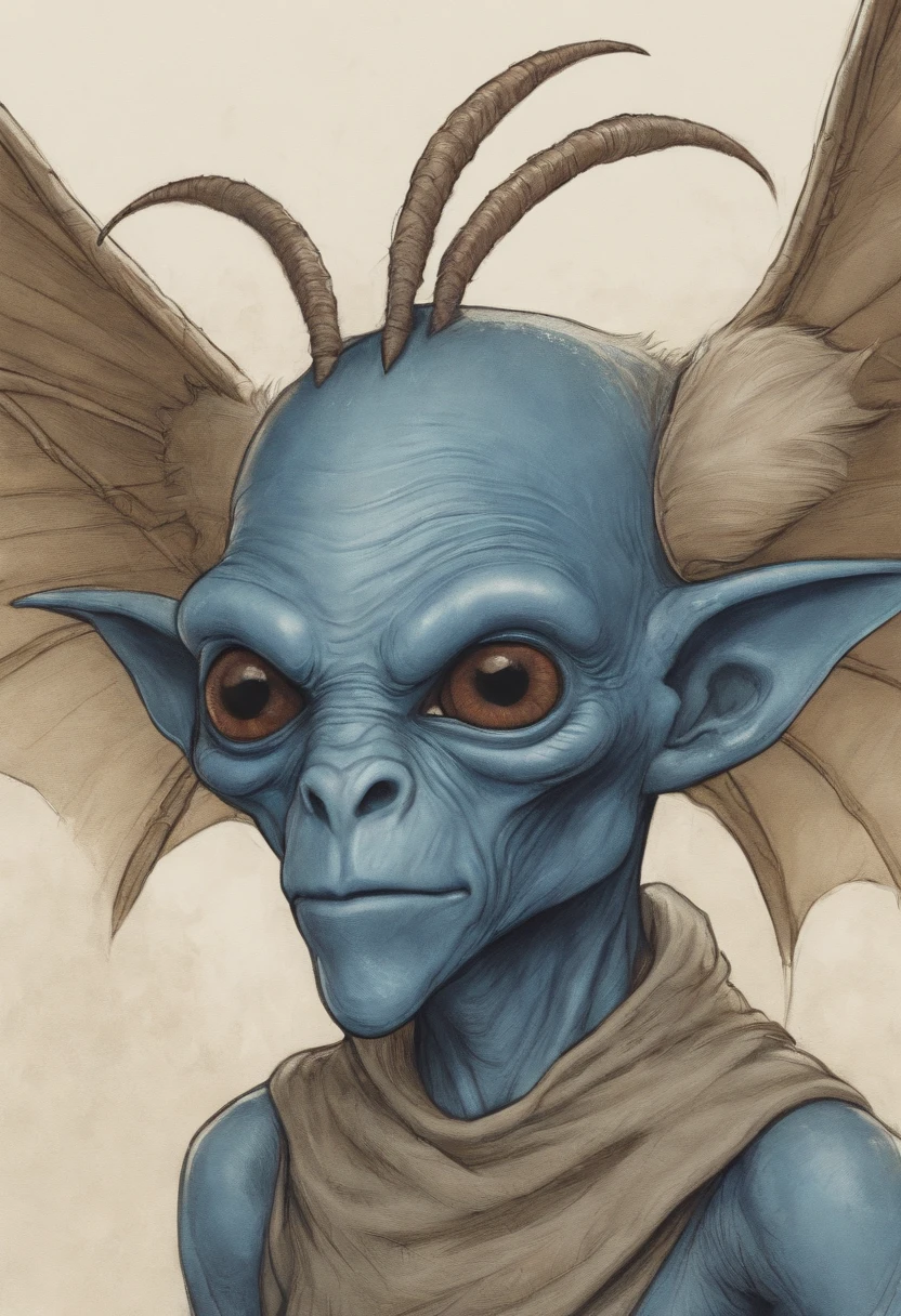 a drawing of a blue alien with a large head and wings, a color pencil sketch inspired by Tony DiTerlizzi, reddit, hurufiyya, is evil gremlin, a humanoid mosquito, one a demon - like creature, one a demon-like creature, a humanoid mosquito wolf, gremlin, cartoon creature, chupacabra, goblin
