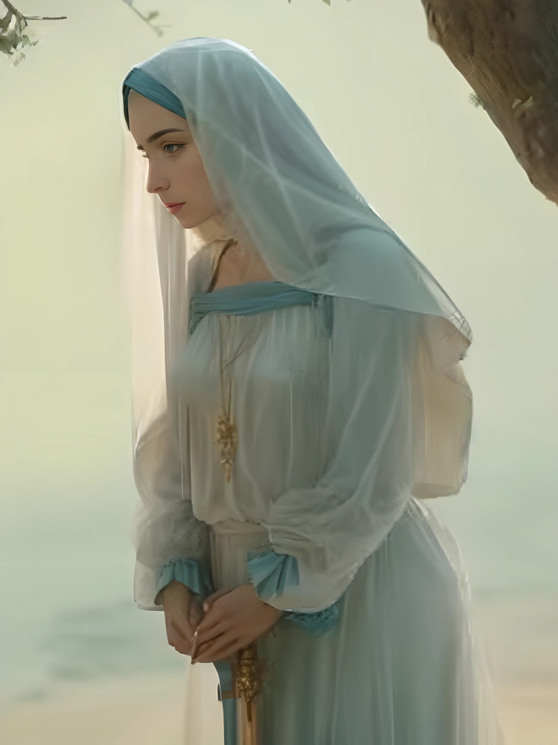 Arafed woman in a blue dress and veil standing under a tree, Ana de Armas como Joana D'Arc, Virgem Maria, jayson tatum as mother mary, mary in a sanctuary, a still of an ethereal, Billie Eilish como uma freira triste, captura de tela de um filme, Imogen Poots como um guerreiro santo, arab young monica belluci