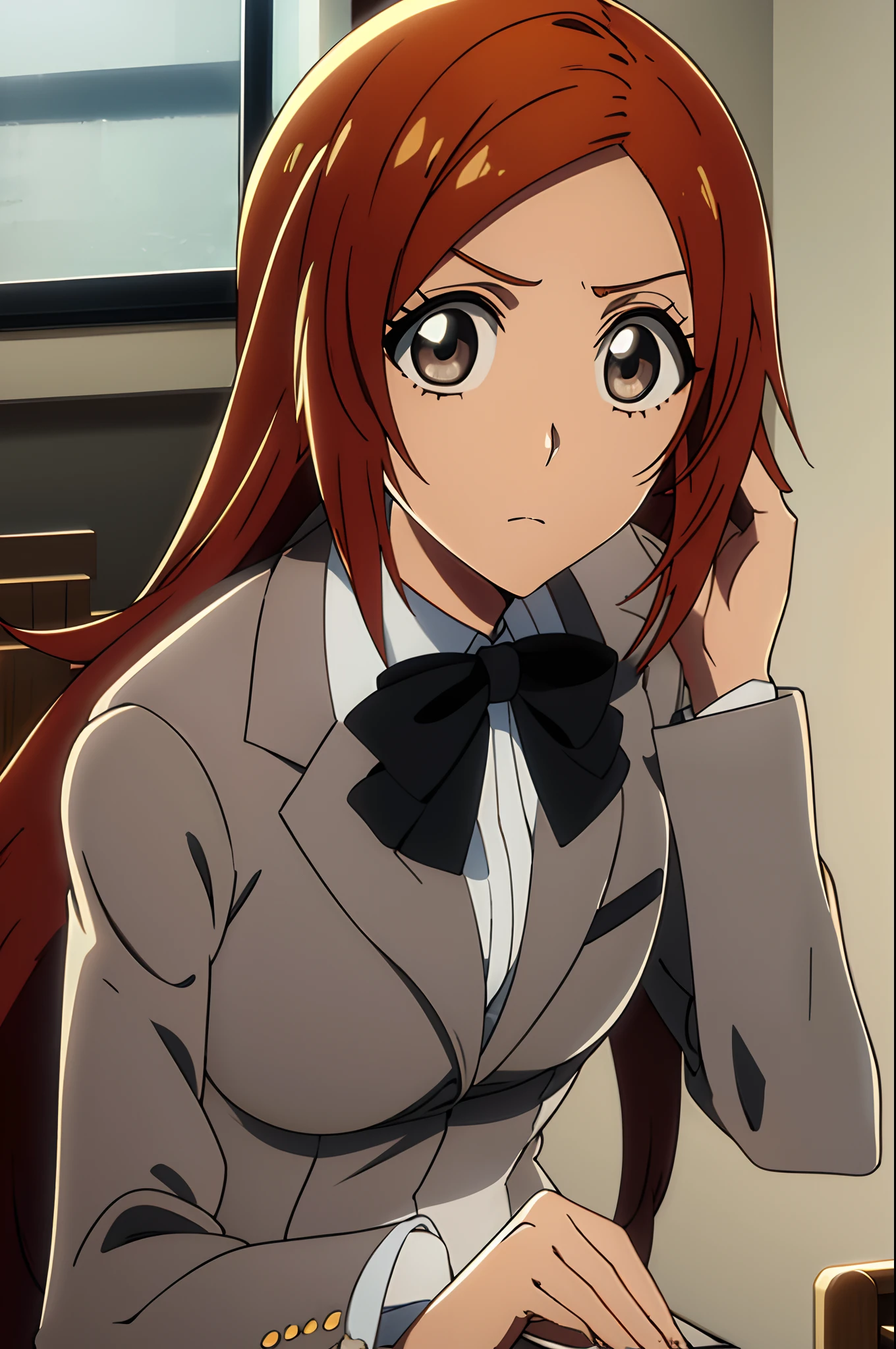 inoueorihime, inoue orihime, long hair, orange hair, (grey eyes:1.5), BREAK skirt, bow, school uniform, jacket, blazer, grey jacket, BREAK looking at viewer, full body, BREAK indoors, classroom, BREAK (masterpiece:1.2), best quality, high resolution, unity 8k wallpaper, (illustration:0.8), (beautiful detailed eyes:1.6), extremely detailed face, perfect lighting, extremely detailed CG, (perfect hands, perfect anatomy),