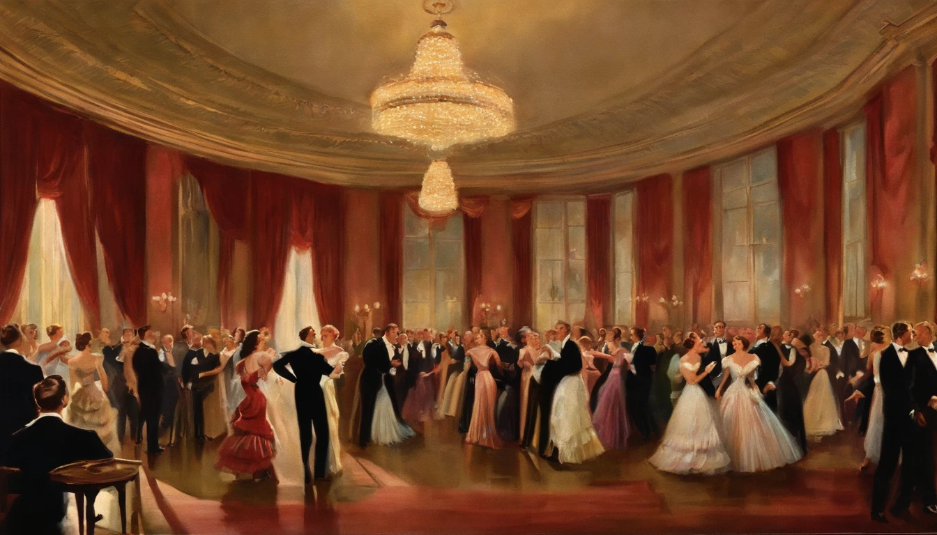 /imagine prompt: Illustration of a ballroom, pessoas conversando, american postcard art style, 1 9 4 0 setting, Directed by: Maurice Braun, Os cinco e centavos de Walton, Directed by: Wayne Reynolds, 1 9 4 0 s cenas de baile, Vintage postcard, Directed by: Dennis Ashbaugh, 1930, 1 9 3 0, setembro de 1937, highes definition