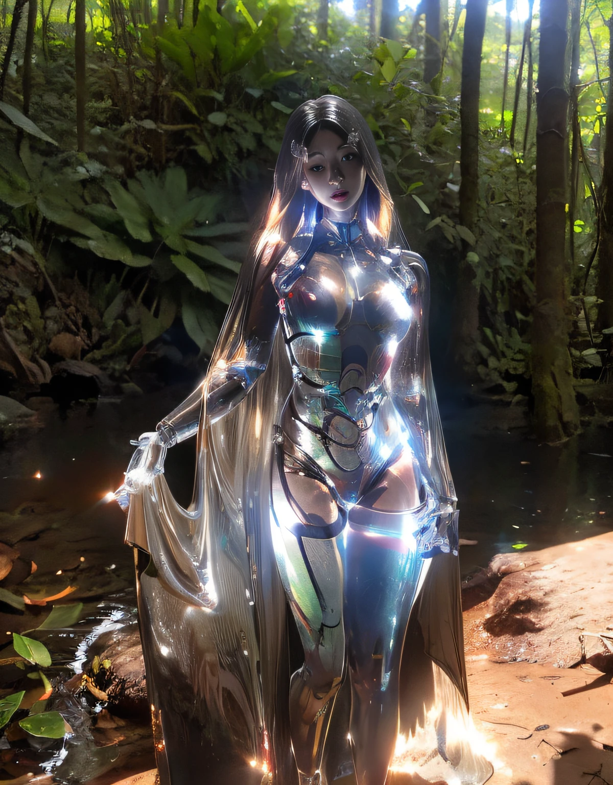 (1 Mechanical Girl)、top-quality、masterpiece、超A high resolution、(Photorealsitic:1.4)、Raw photo、女の子1人、Golden hair、glowy skin、(((1 Mechanical Girl)))、With a beautiful knife、(Metal black bodysuit)、(beautiful forest background)、Precipitous cliffs、(Small LED)、((super realistic details))、portlate、globalillumination、Shadow、octan render、(One-Eyed Scouter)、8K、ultrasharp、Colossal tits、Raw skin is exposed in cleavage、metals、Details of complex ornaments、Japan details、highly intricate detail、Realistic light、CGSoation Trends、Red Eyes、radiant eyes、Facing the camera、neon details、(Mechanical limbs)、(blood vessels connected to tubes)、Mechanical vertebrae attached to the back、mechanical cervical attaching to neck、(Wires and cables connecting to the head)、Gundam、Small LED、,Mechanical thighs、Toostock、(Hands are also made of machines)、