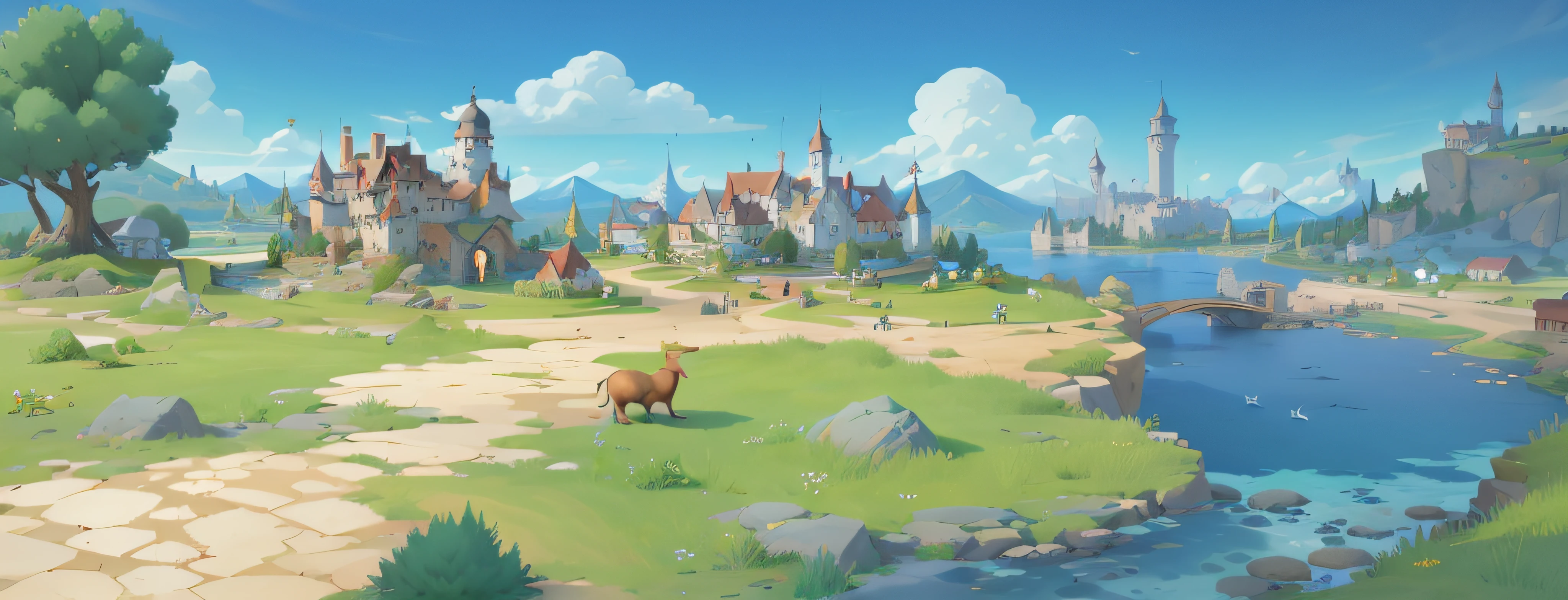 Cartoon illustration of a small village with a river and a bridge, town background, Mobile game background, distant village background, medieval city background, town center background, Mobile game art, renaissance port city background, town in the background, medieval town landscape, tavern background, Castle background, arte de fundo, background fortress, Medieval Castle Background, Game illustration, fairy tale style background,Fairy tale AI masterpiece, (((High quality))), Cute cartoon world, largeaperture, The best quality, 8K,concept-art,Miyazaki animation style,.3D, Super detail --v6